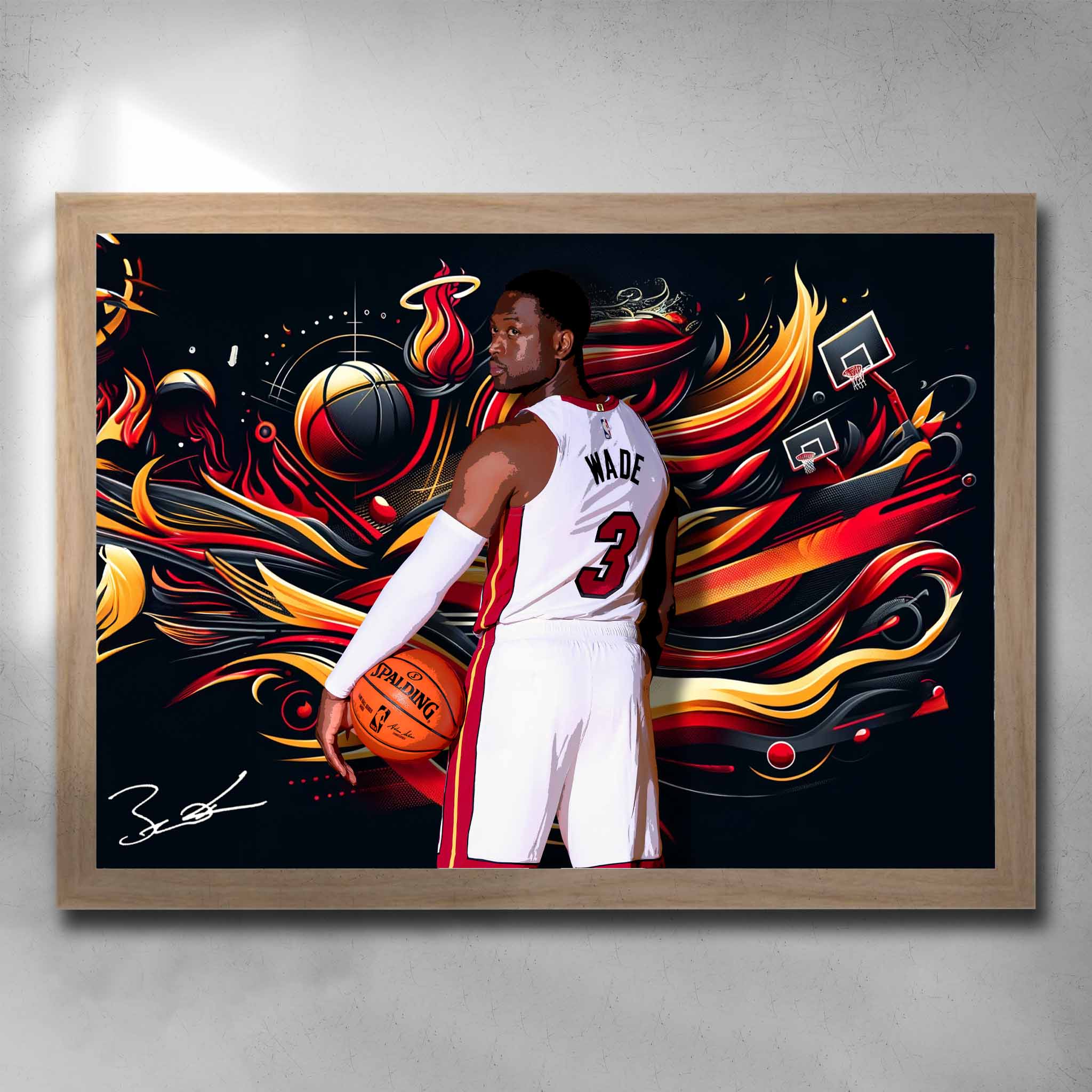 Oak framed NBA art by Sports Cave, featuring Dwayne Wade from the Miami Heat.