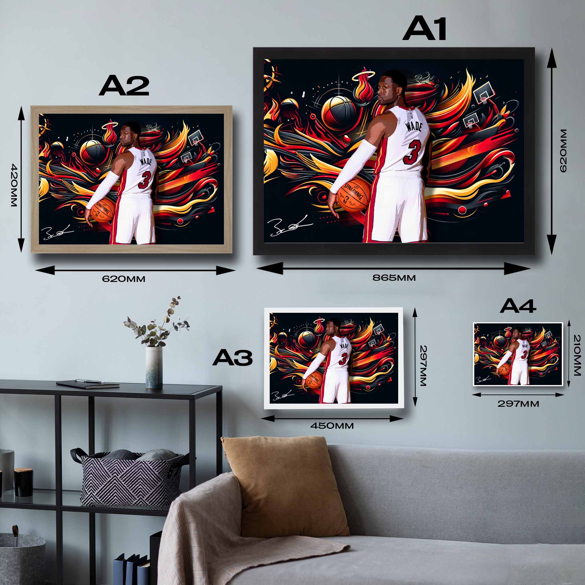 Visual representation of Dwayne Wade framed art size options, ranging from A4 to A2, for selecting the right size for your space.