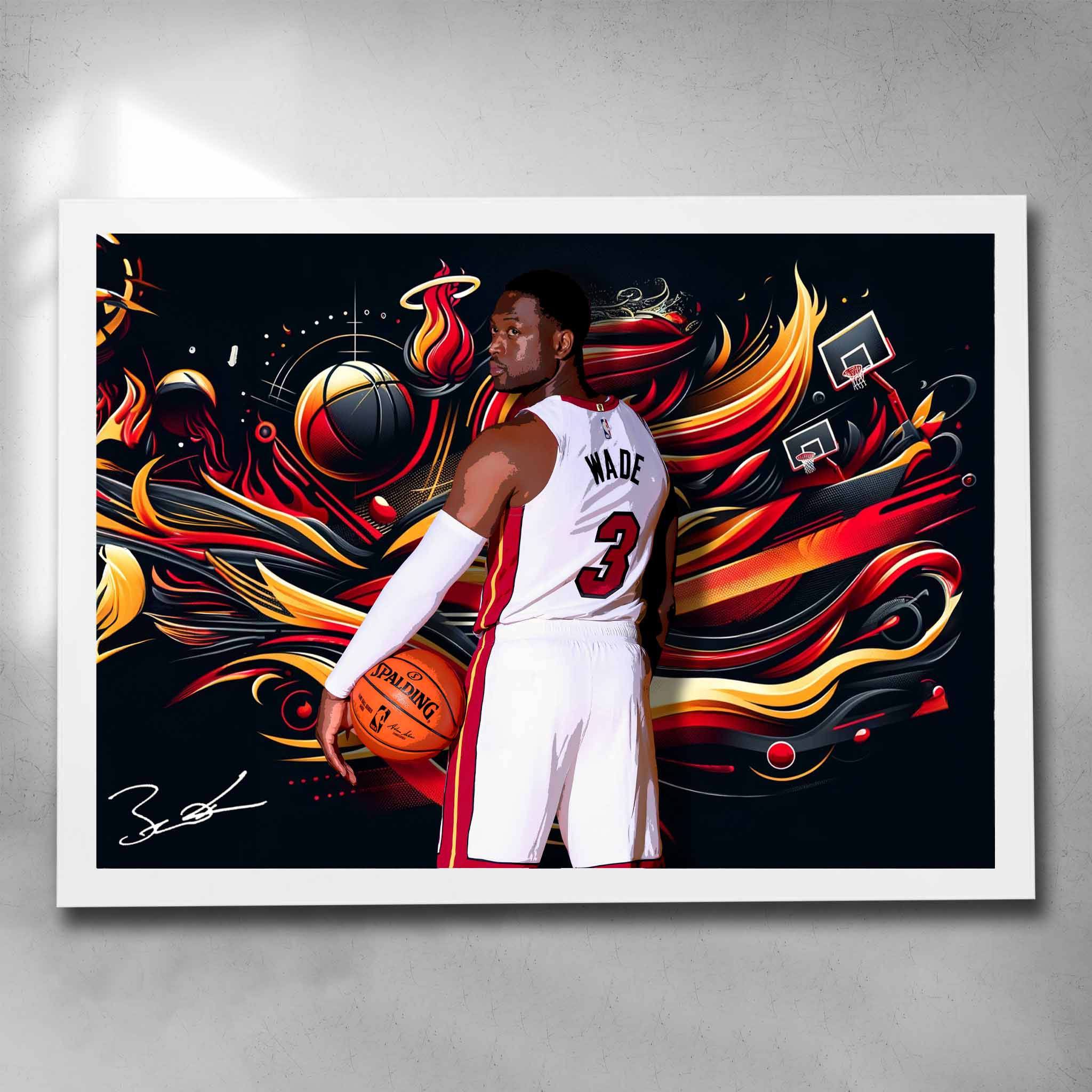 White framed NBA art by Sports Cave, featuring Dwayne Wade from the Miami Heat.