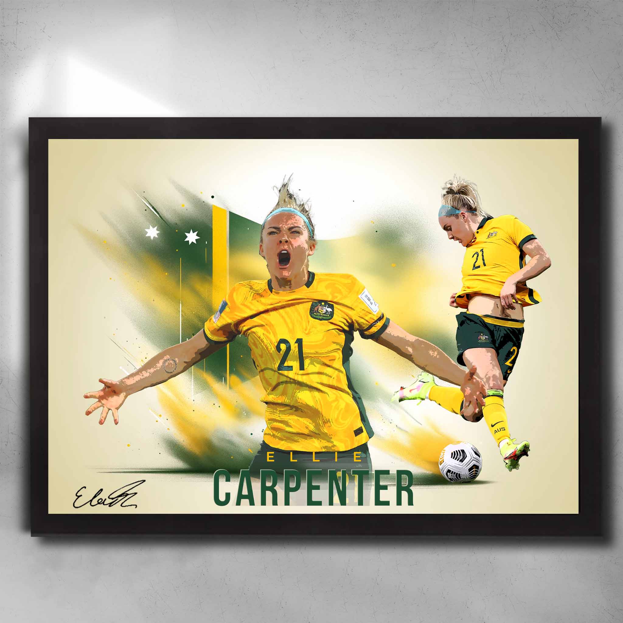 Black framed Womens soccer art, featuring Ellie Carpenter from the Matilda's by Sports Cave.