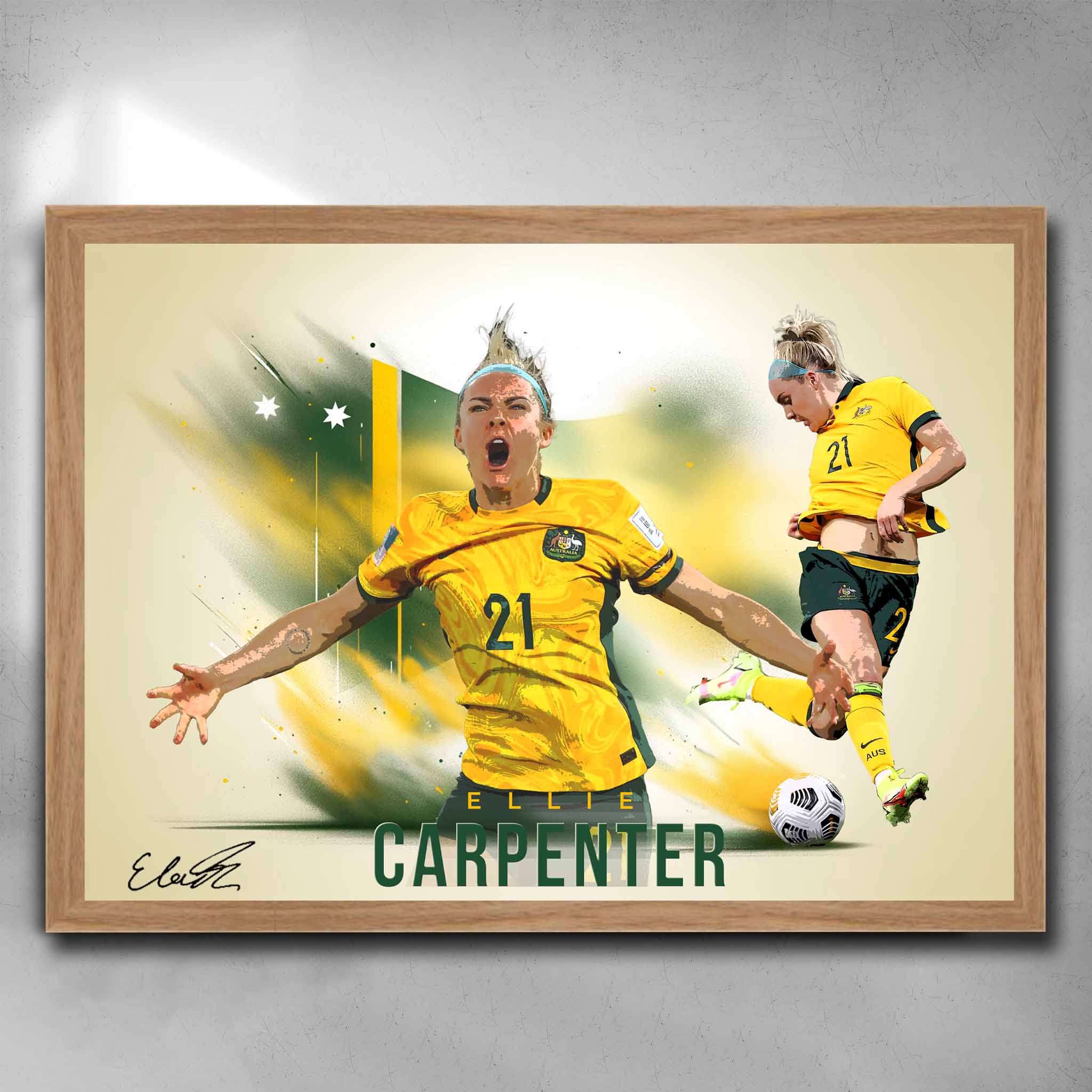 Oak framed Womens soccer art, featuring Ellie Carpenter from the Matilda's by Sports Cave.