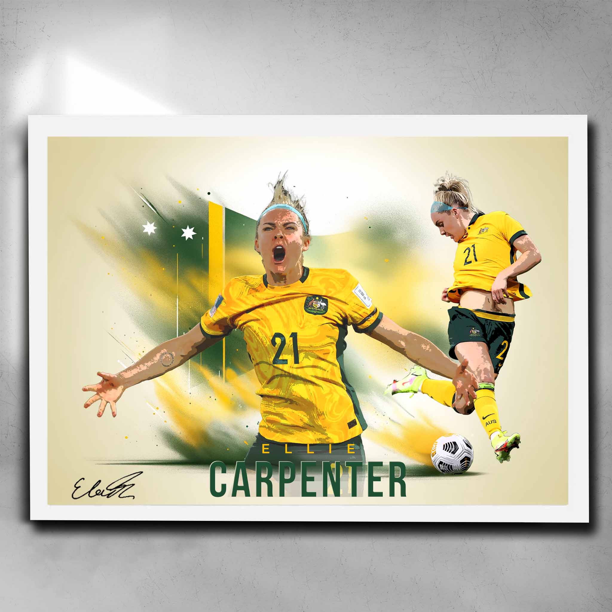 White framed Womens soccer art, featuring Ellie Carpenter from the Matilda's by Sports Cave.