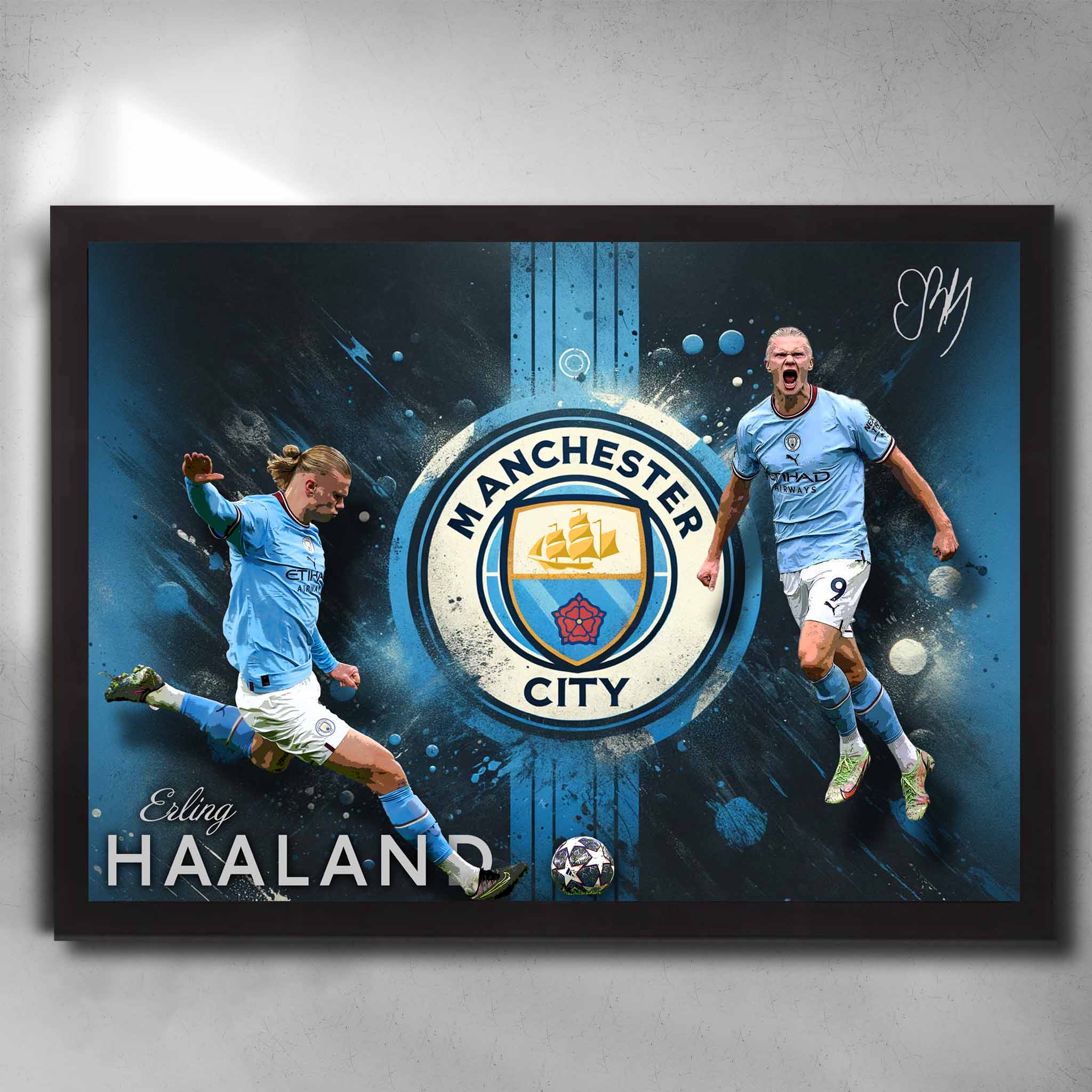 Black framed soccer art by Sports Cave, featuring Erling Haaland from Manchester City.