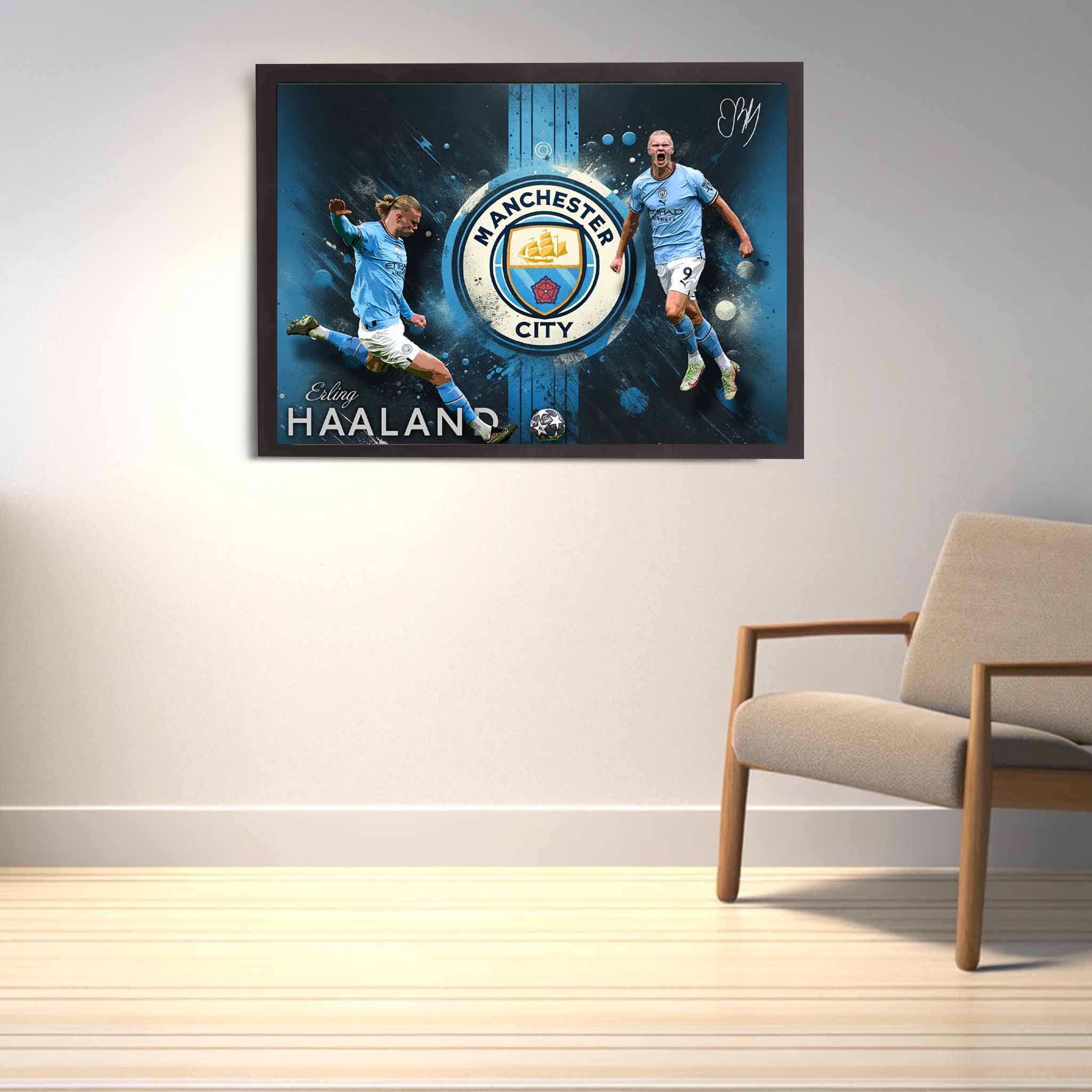 Manchester City fan with a framed signed print of Erling Haaland on display as home decor.