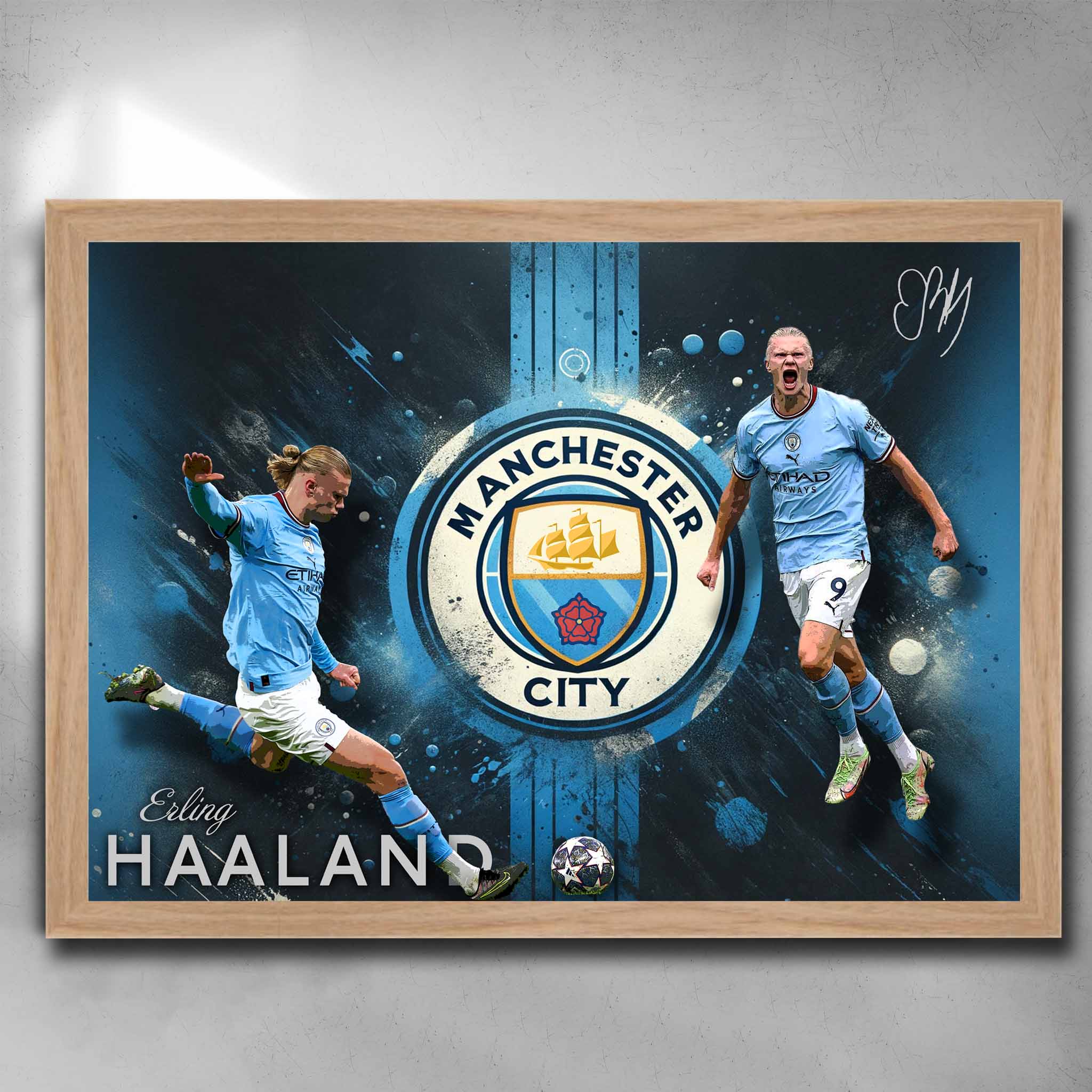 Oak framed soccer art by Sports Cave, featuring Erling Haaland from Manchester City.