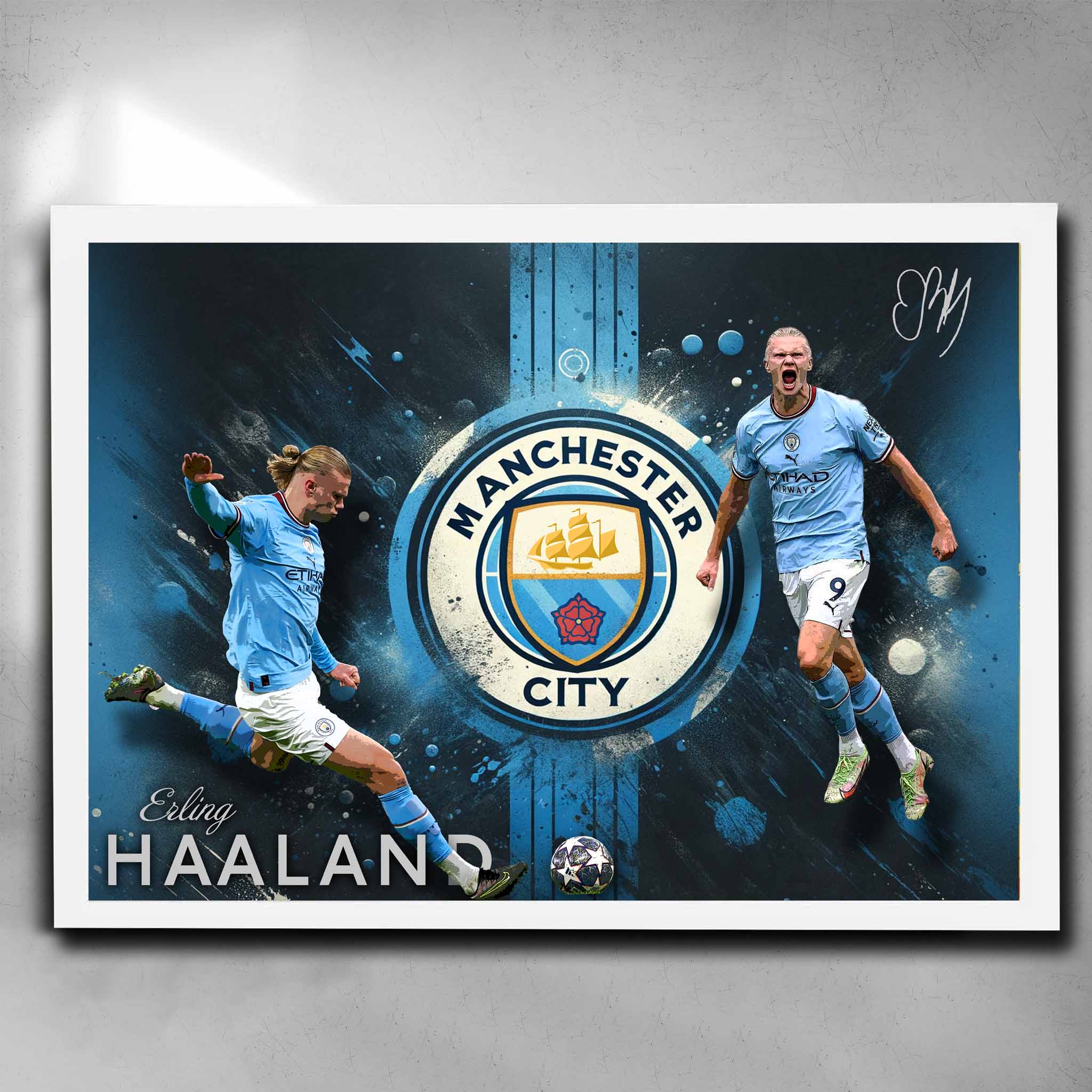 White framed soccer art by Sports Cave, featuring Erling Haaland from Manchester City.