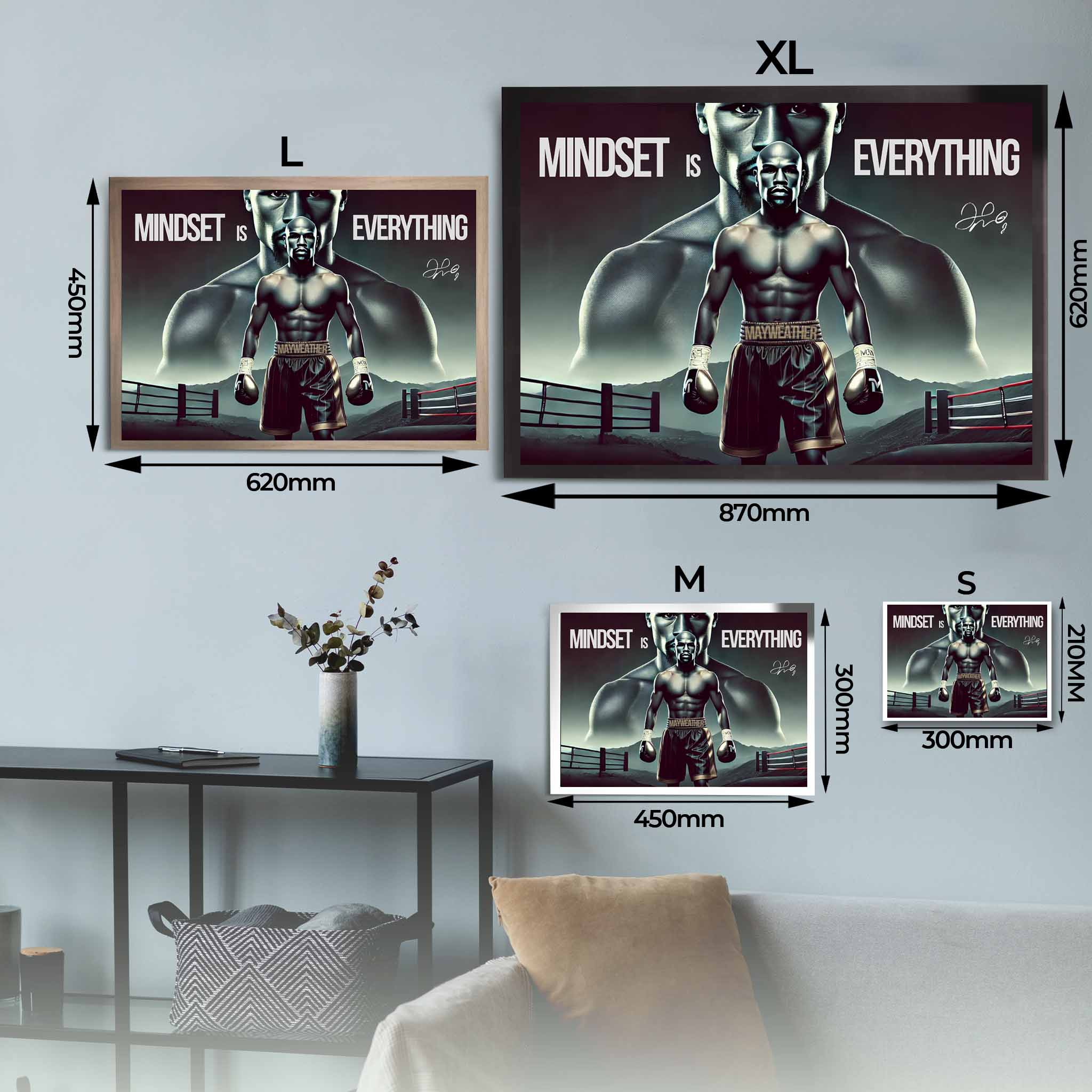 Visual representation of Floyd Mayweather framed art size options, ranging from A4 to A2, for selecting the right size for your space.