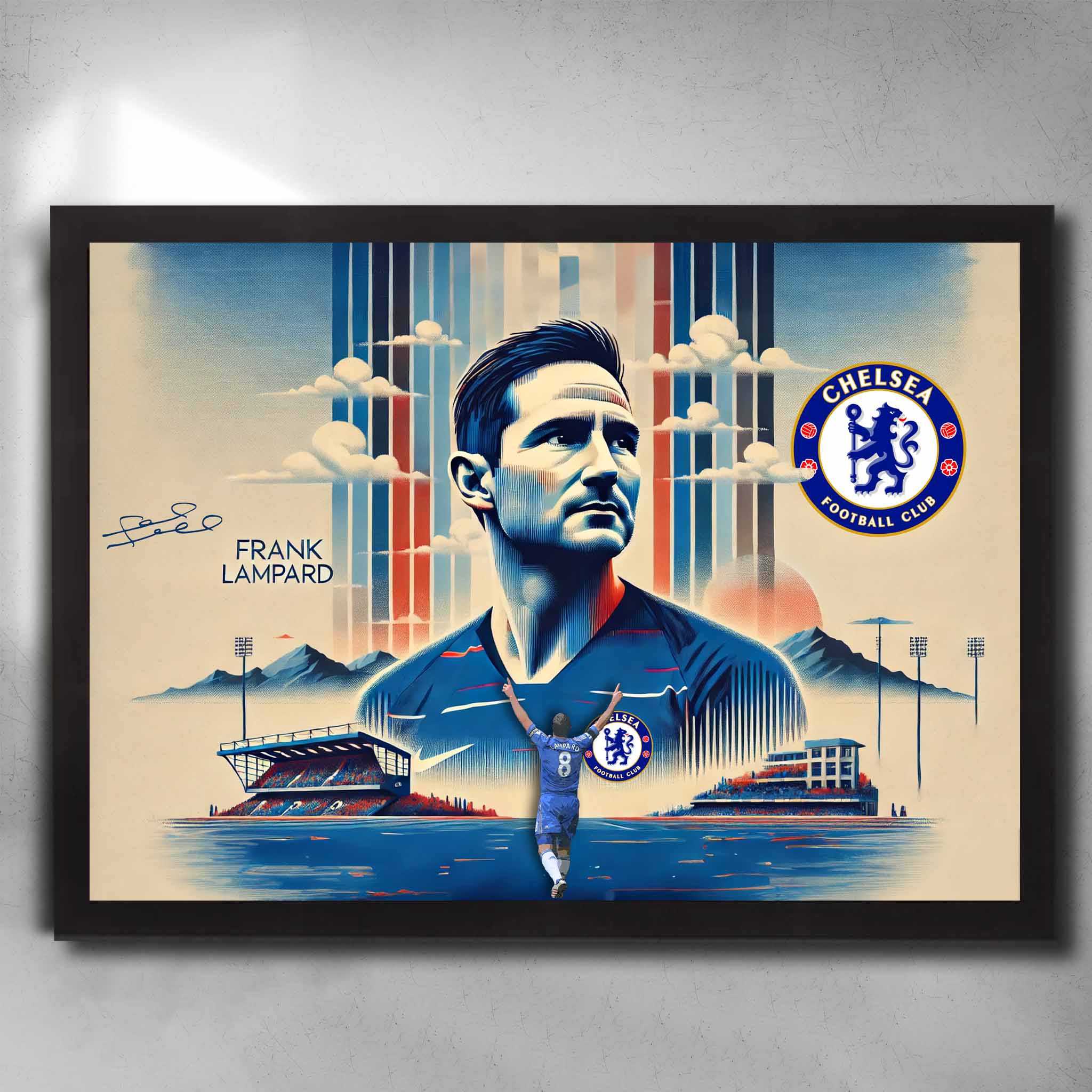 Black framed soccer art by Sports Cave featuring the Chelsea legend Frank Lampard.