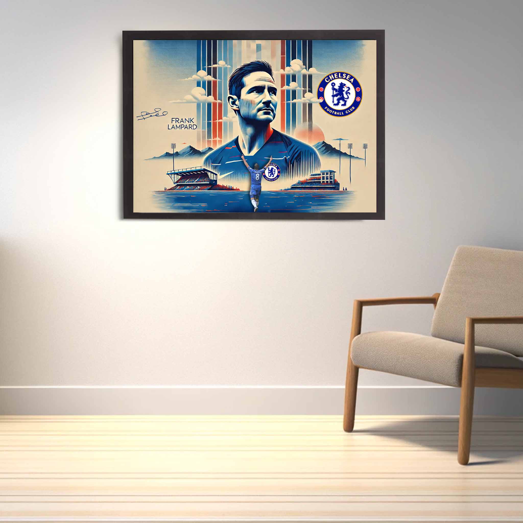 Devoted Chelsea fan's tribute: Frank Lampard framed art proudly displayed on the wall.