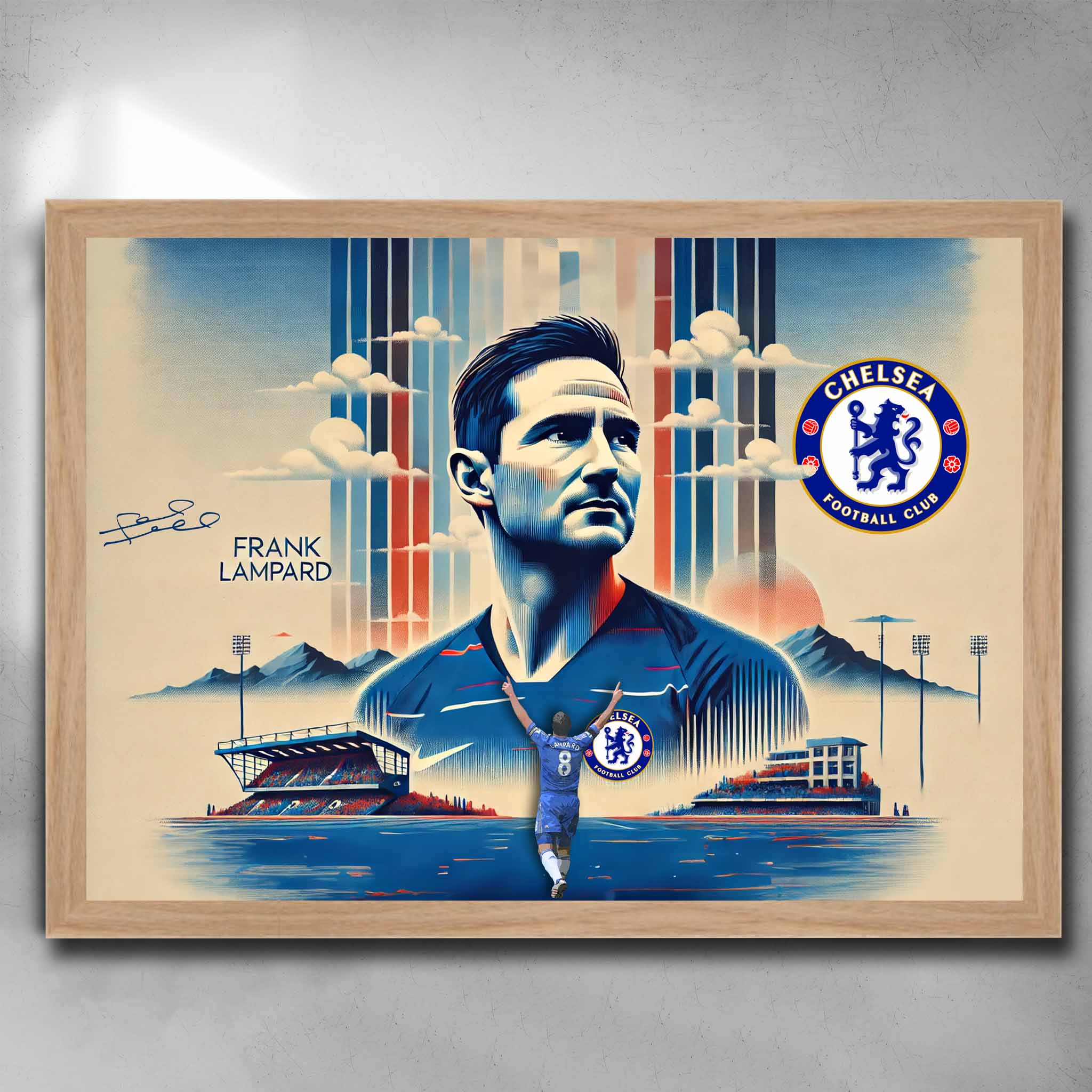 Oak framed soccer art by Sports Cave featuring the Chelsea legend Frank Lampard.