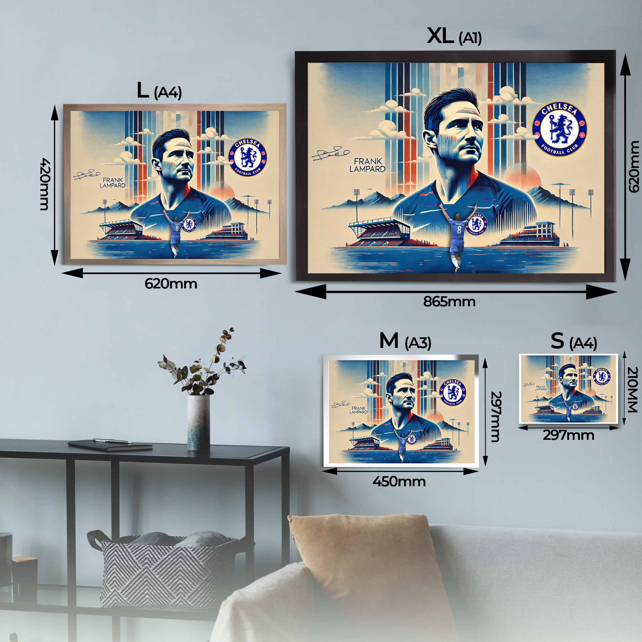 Visual representation of Frank Lampard framed art size options, ranging from A4 to A2, for selecting the right size for your space.