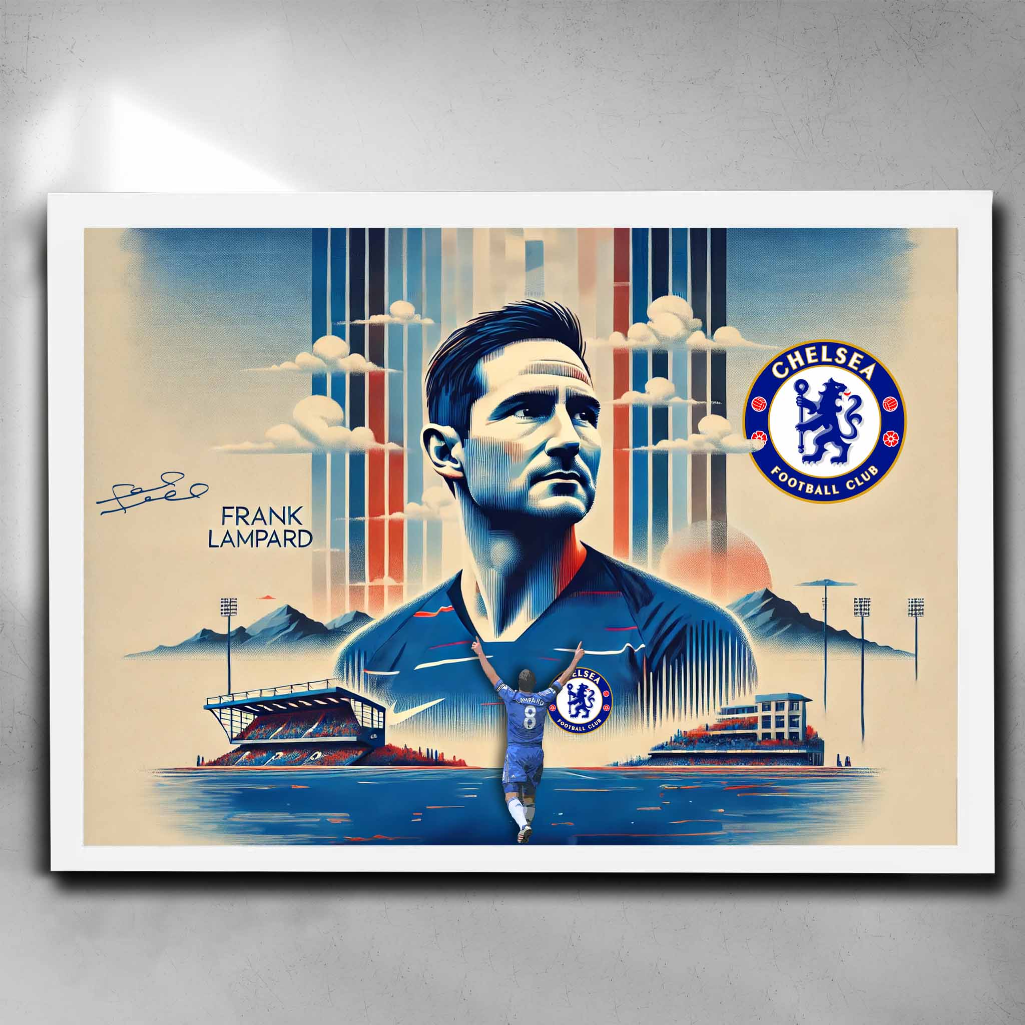 White framed soccer art by Sports Cave featuring the Chelsea legend Frank Lampard.