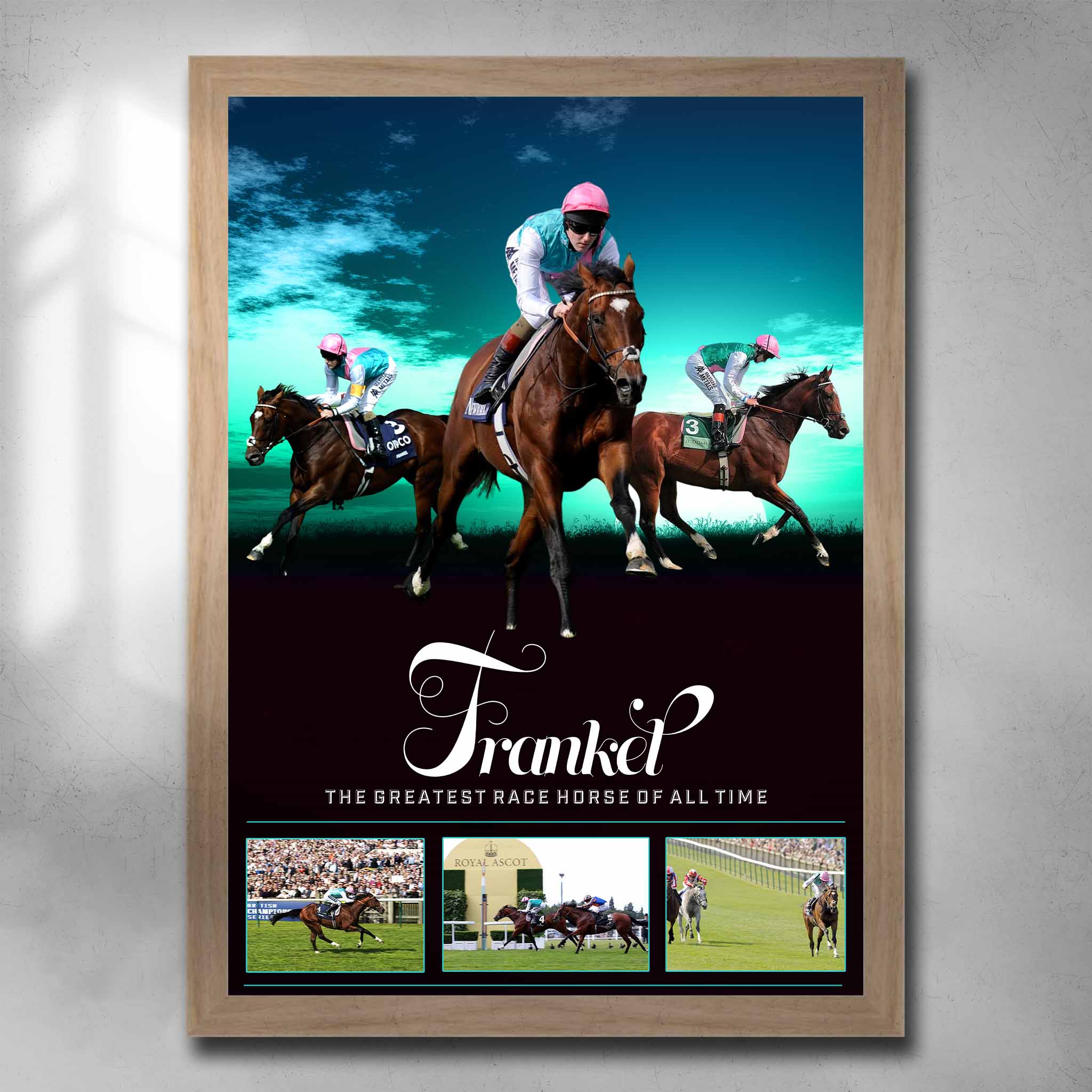 Oak framed horse racing poster by Sports Cave, featuring the greatest racehorse Frankel. 