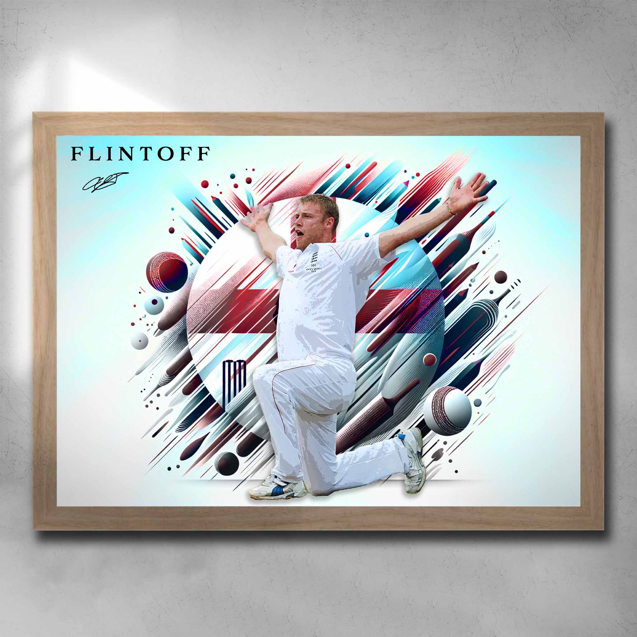 Oak framed cricket art by Sports Cave featuring England player Andrew Flintoff.