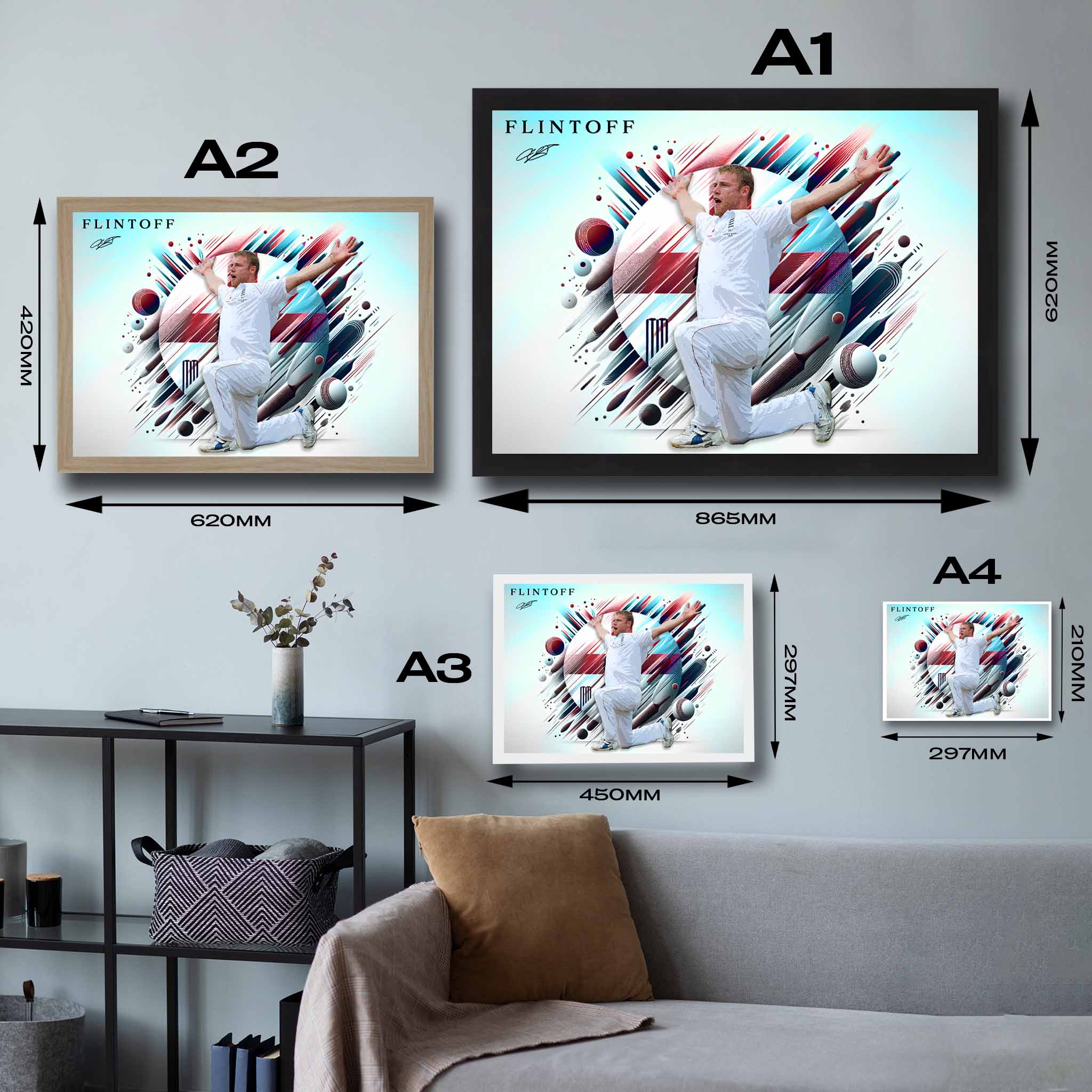 Sizing chart of Andrew Flintoff framed art sizes. 