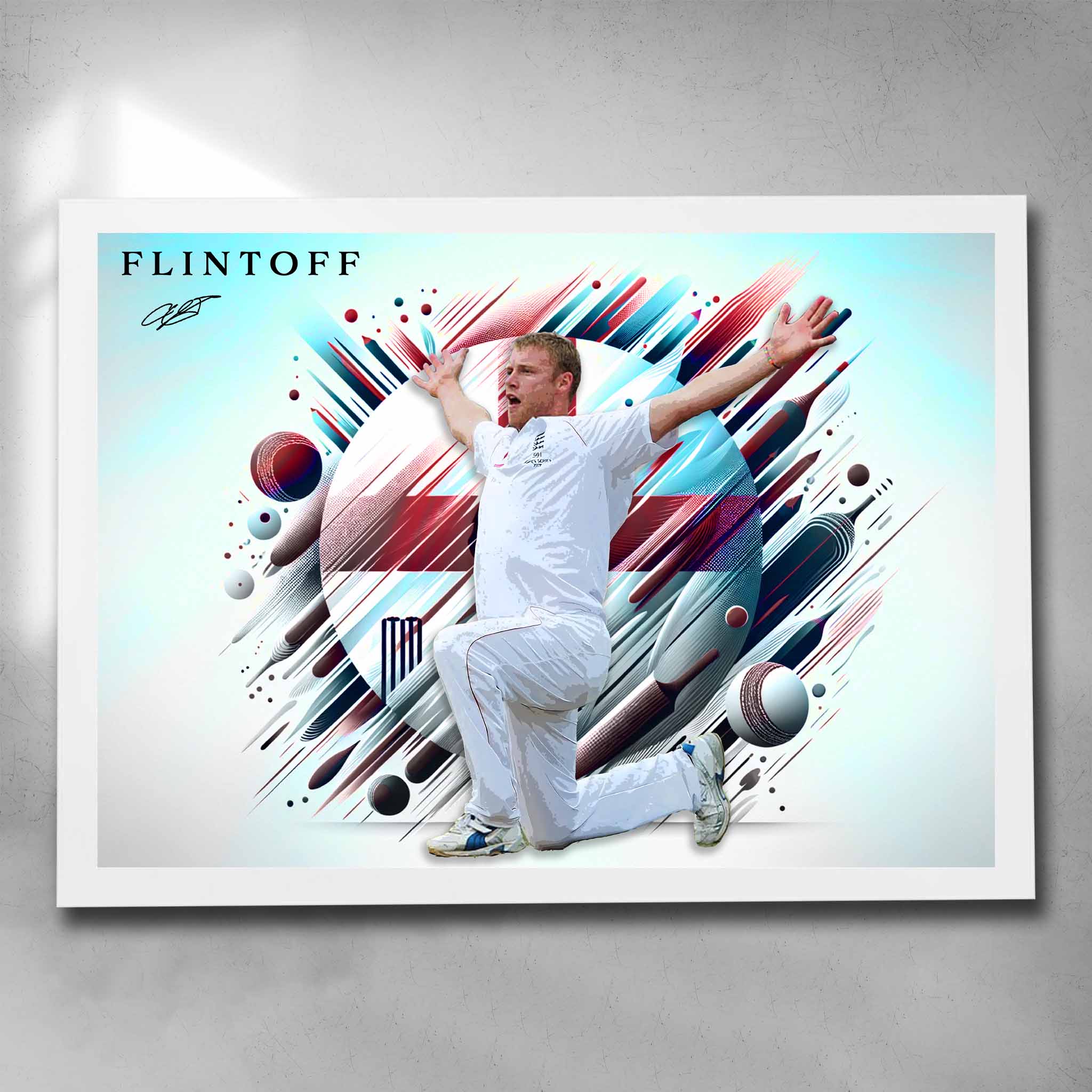 White framed cricket art by Sports Cave featuring England player Andrew Flintoff.