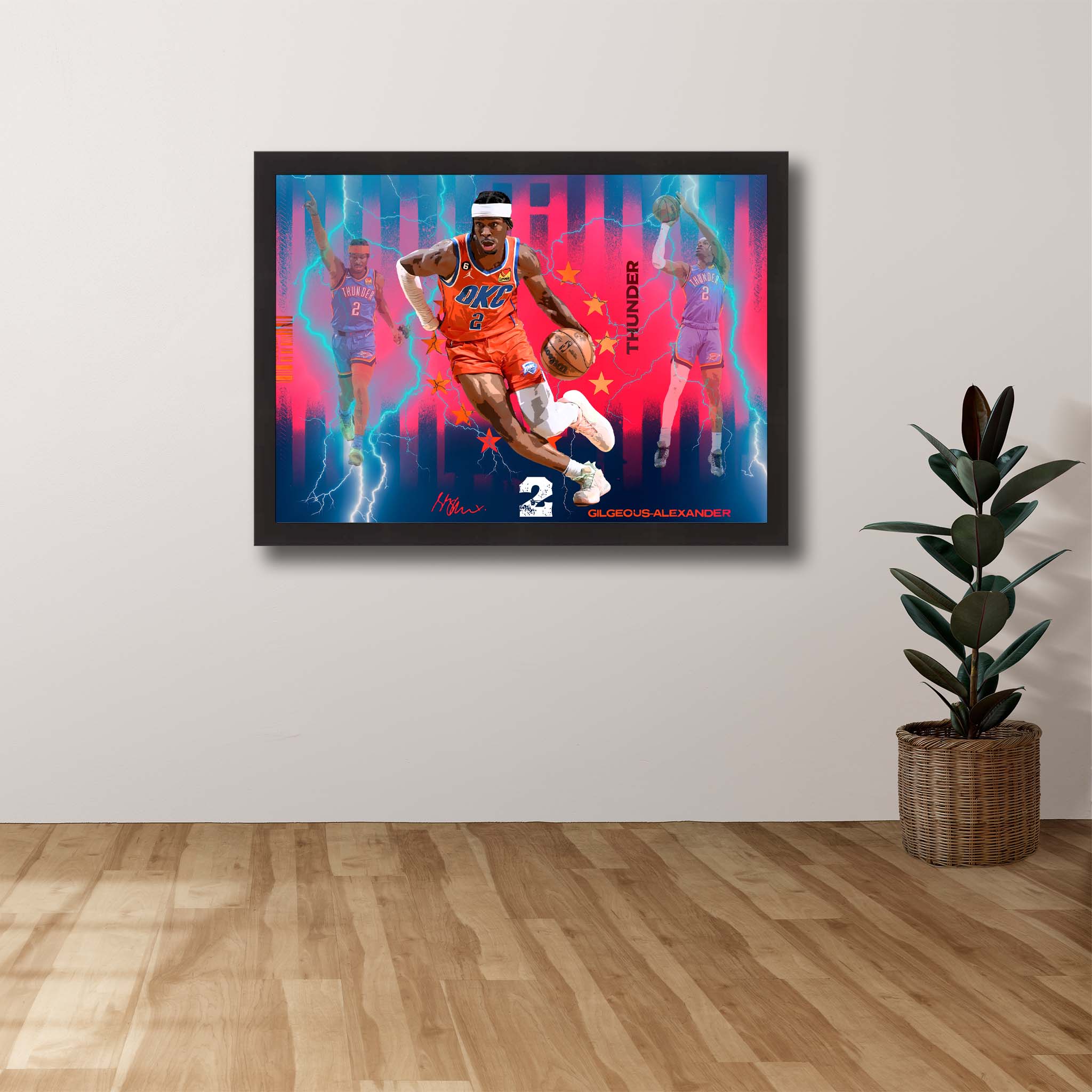 Devoted Oklahoma City Thunder fan's tribute: Shai Gilgeous-Alexander framed art proudly displayed on the wall.