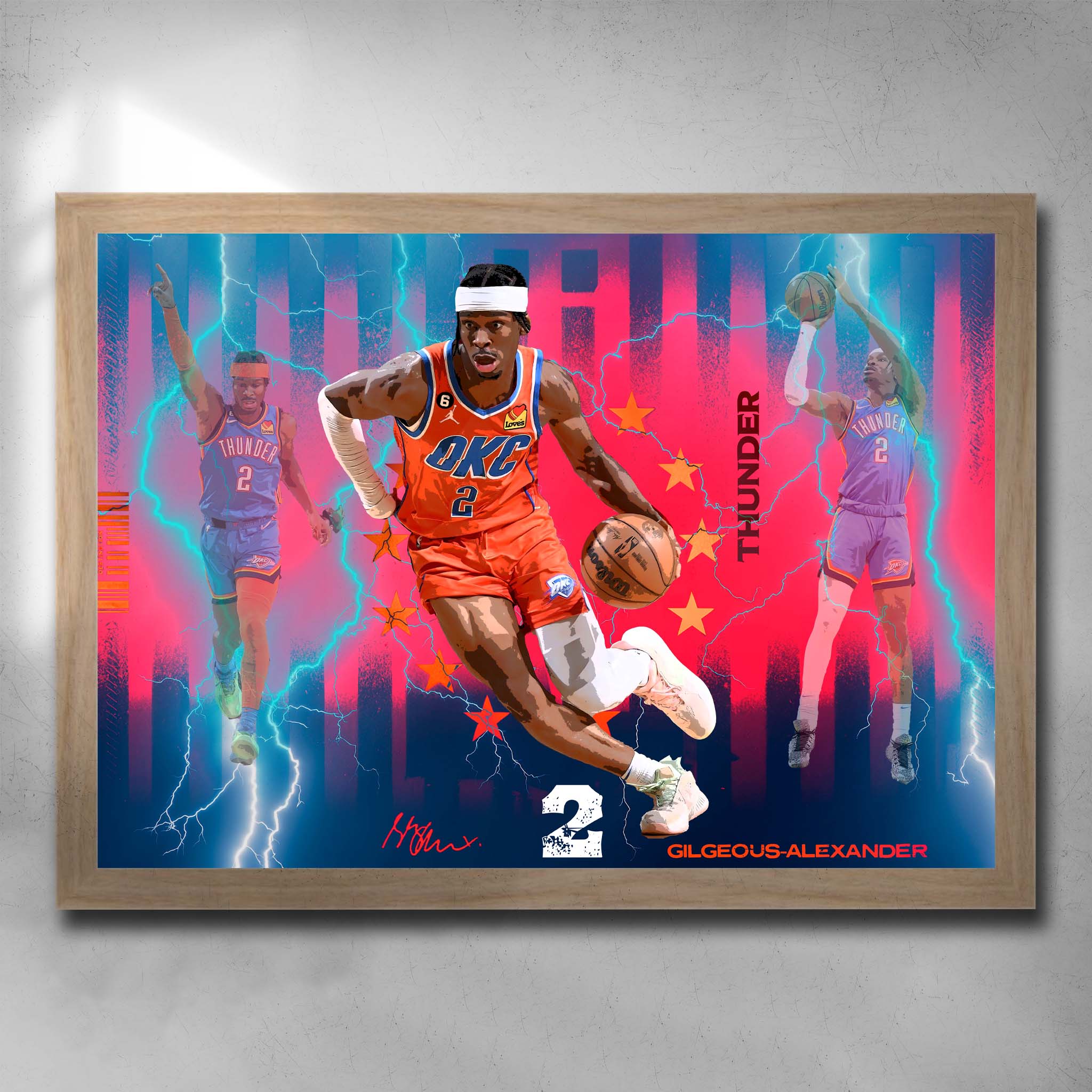 Oak framed NBA art featuring Shai Gilgeous-Alexander from the Oklahoma City Thunder Basketball team. 