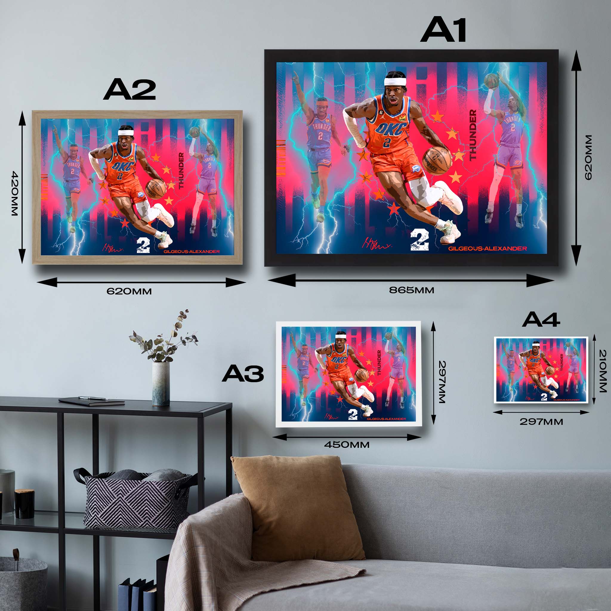 Visual representation of Shai Gilgeous-Alexander framed art size options, ranging from A4 to A2, for selecting the right size for your space.