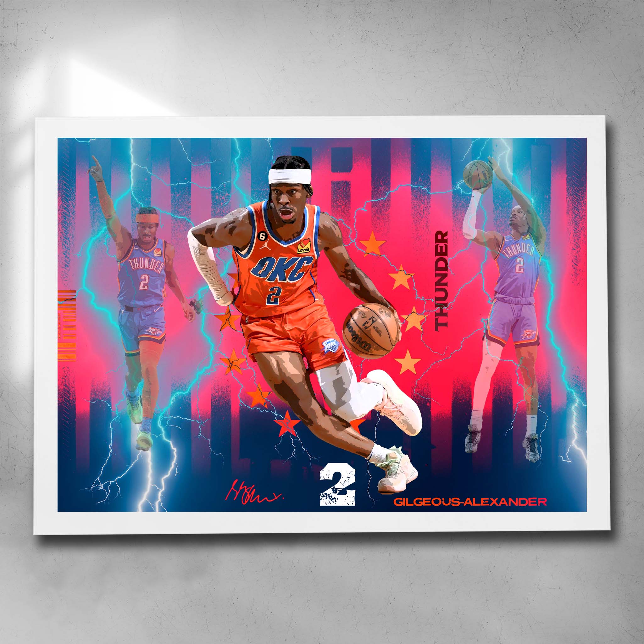 White framed NBA art featuring Shai Gilgeous-Alexander from the Oklahoma City Thunder Basketball team. 