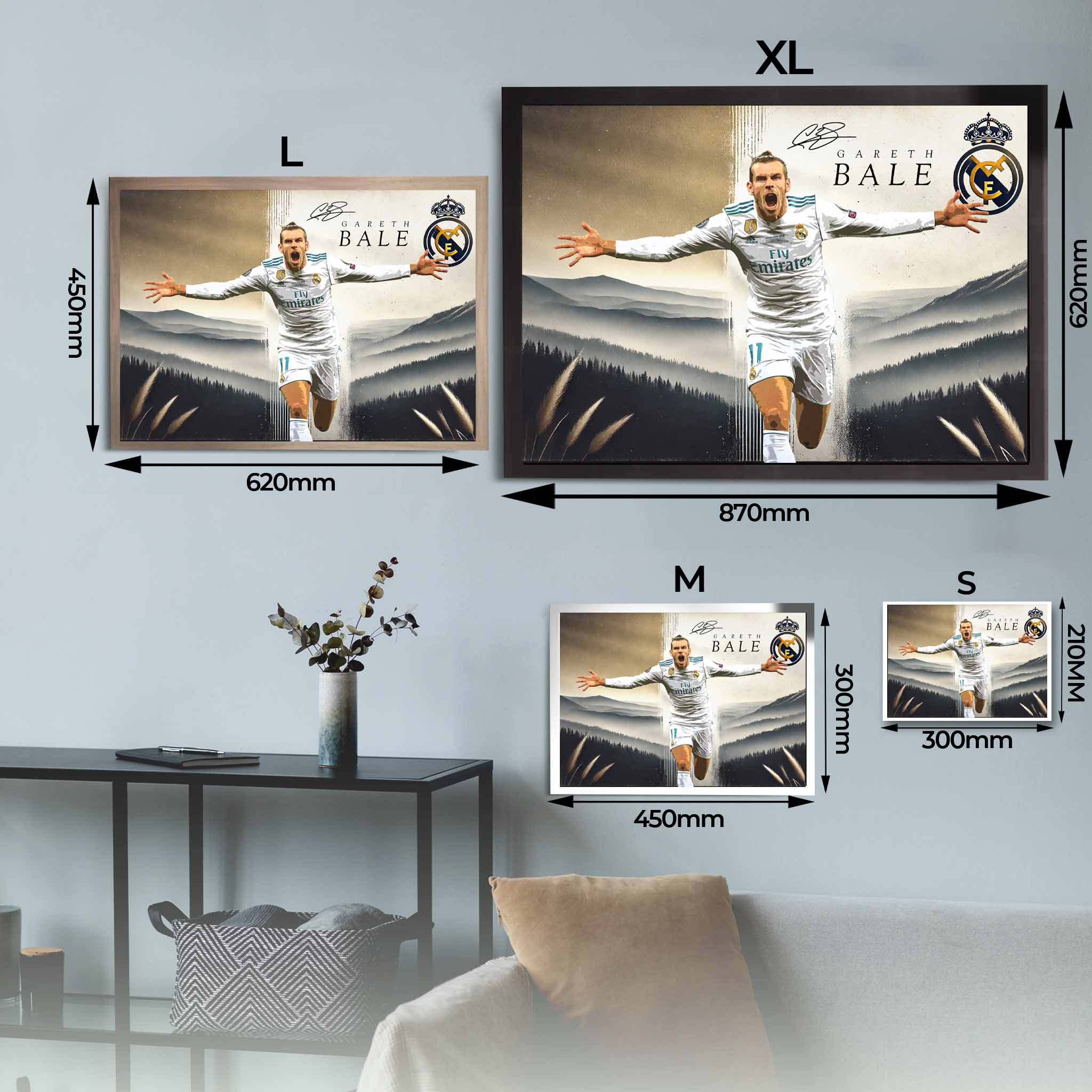 Gareth Bale Real Madrid Framed Art Sizing Chart.