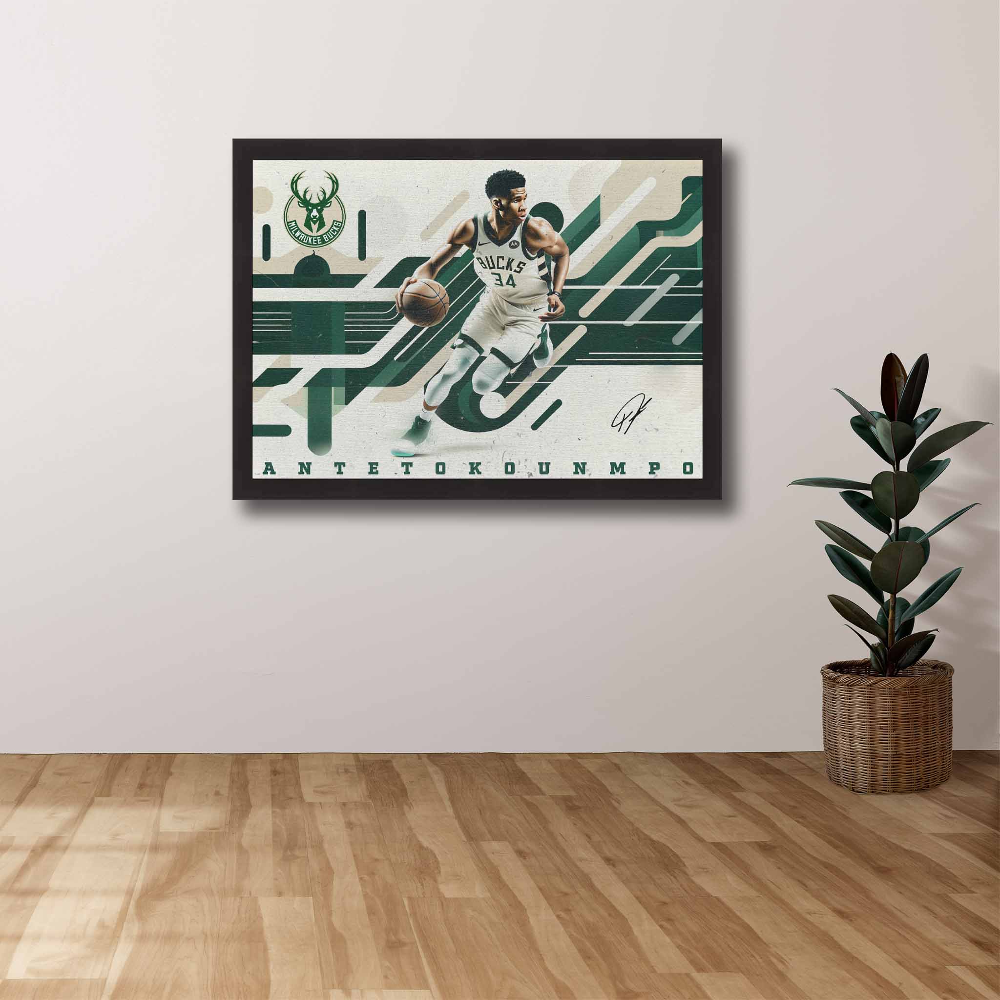 NBA Fans house with a framed art of Giannis Antetokounmpo from the Milwaukee Bucks.