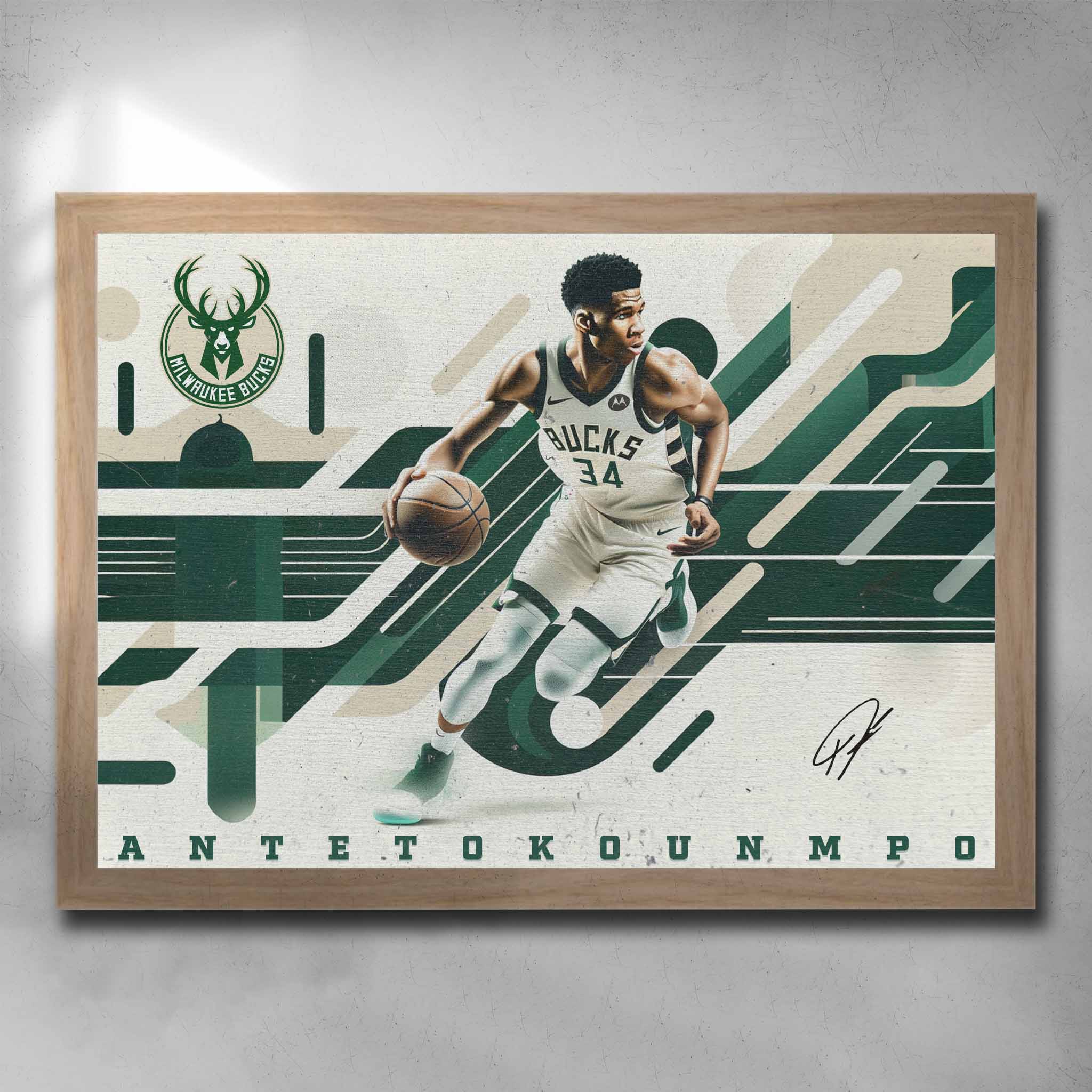 Oak framed NBA Art by Sports Cave featuring Giannis Antetokounmpo from the Milwaukee Bucks.