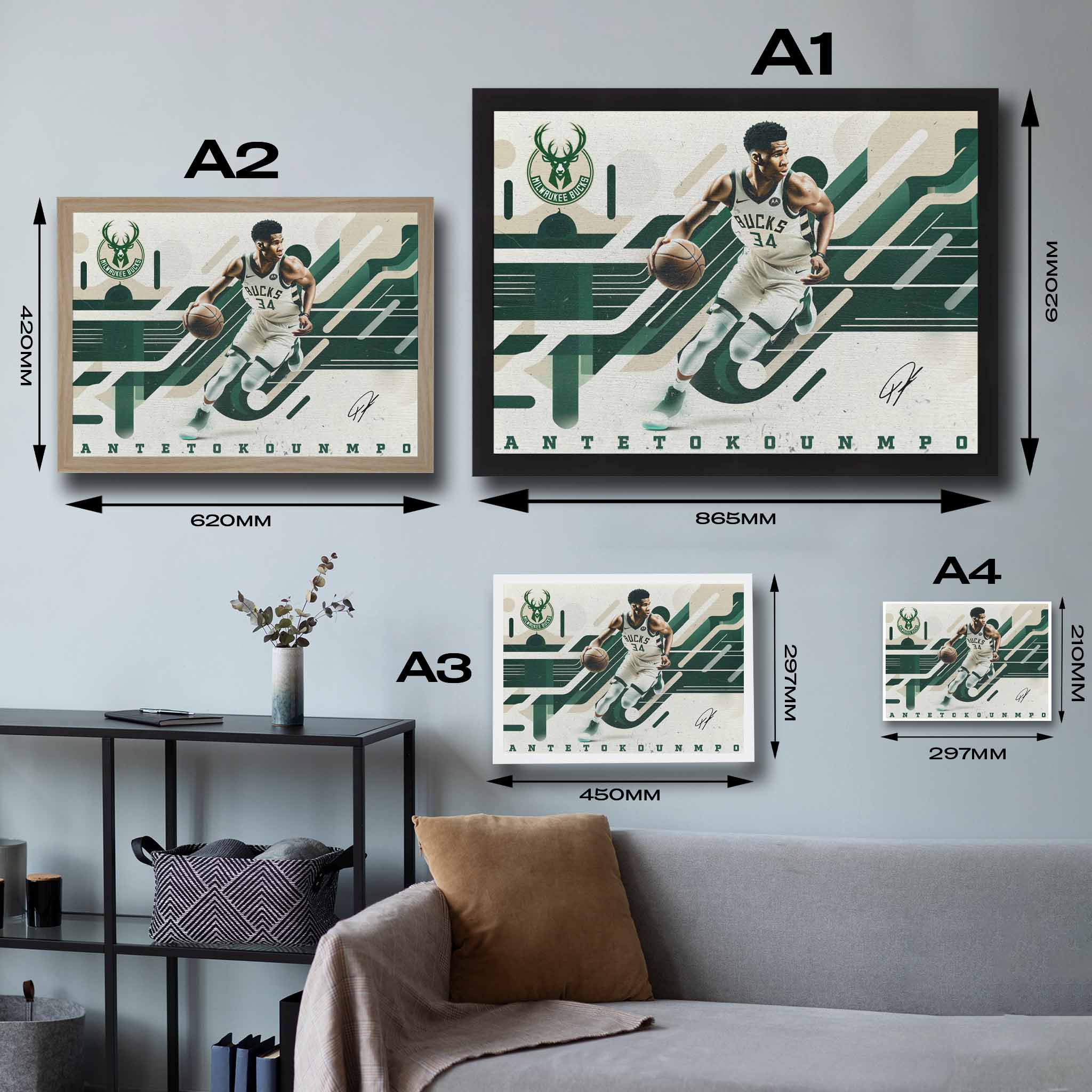 Visual representation of Giannis Antetokounmpo framed art size options, ranging from A4 to A2, to assist selecting the right size for your space and preferences.