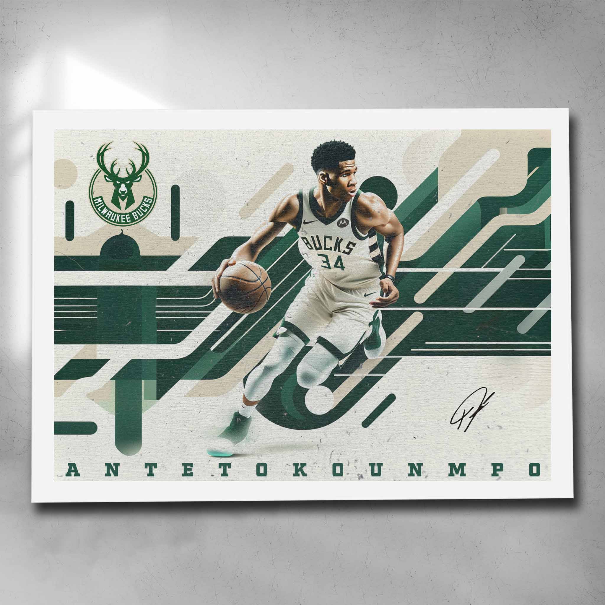 White framed NBA Art by Sports Cave featuring Giannis Antetokounmpo from the Milwaukee Bucks.