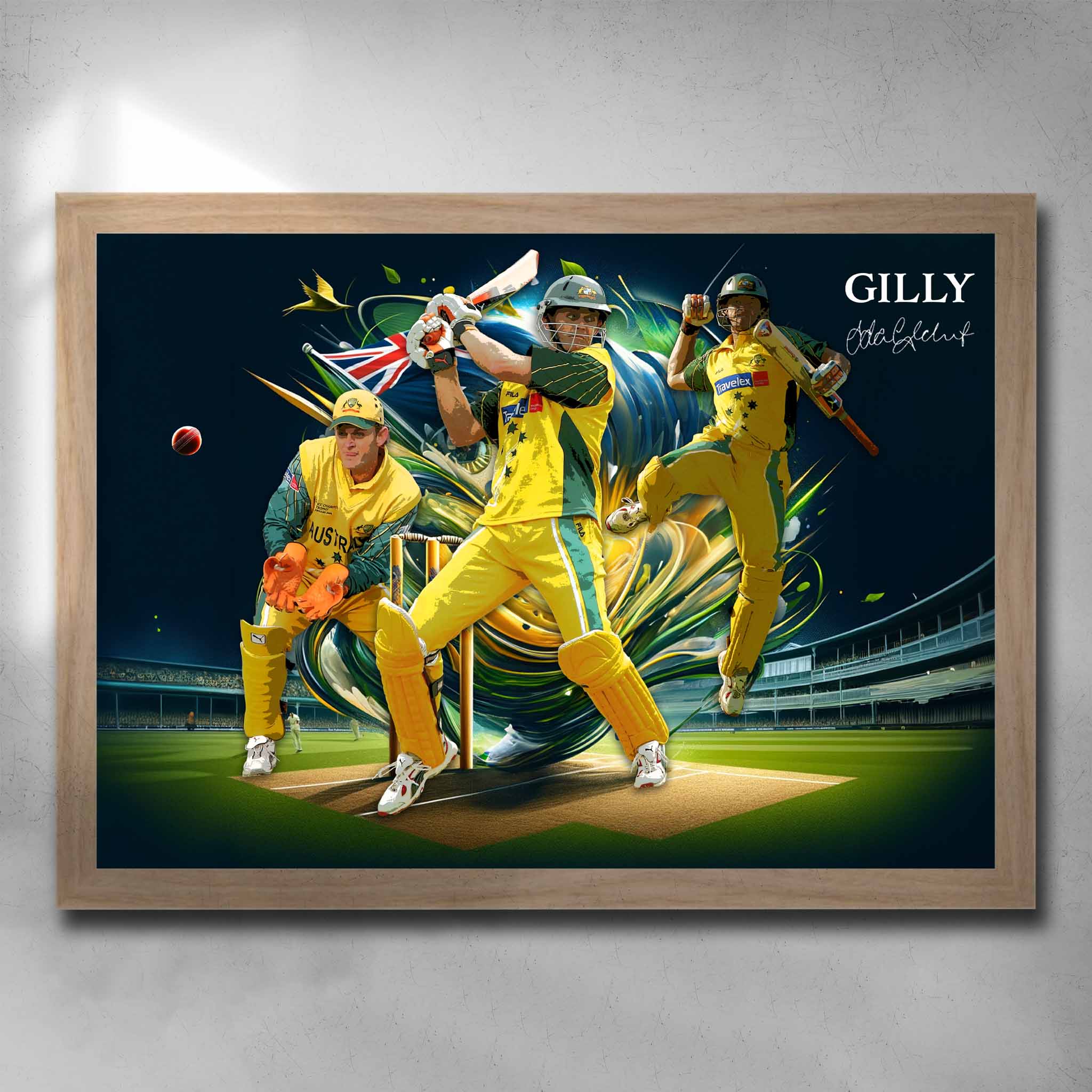 Oak framed cricket art by Sports Cave, featuring Australian legend Adam Gilchrist.