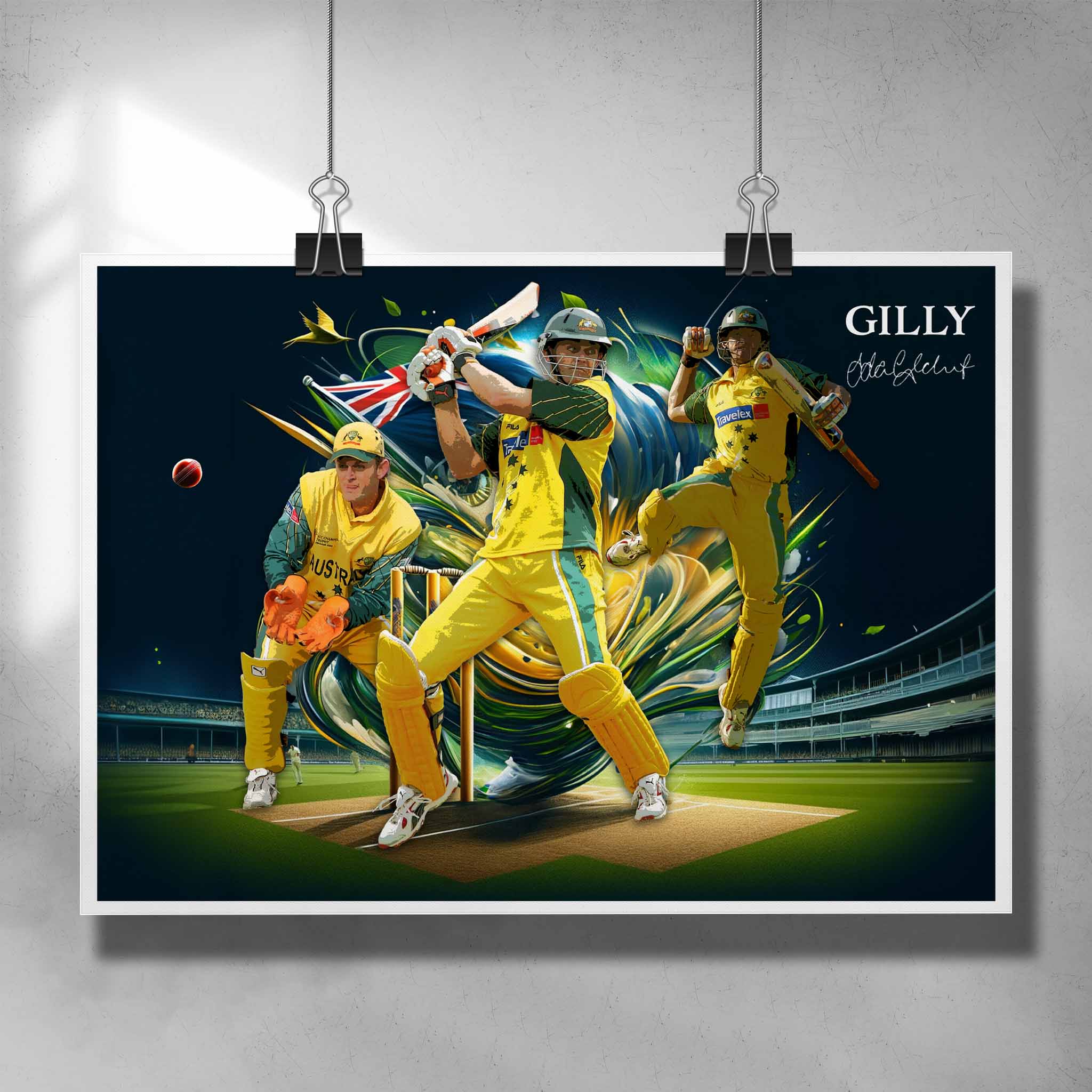 Cricket Poster by Sports Cave, featuring Australian legend Adam Gilchrist.