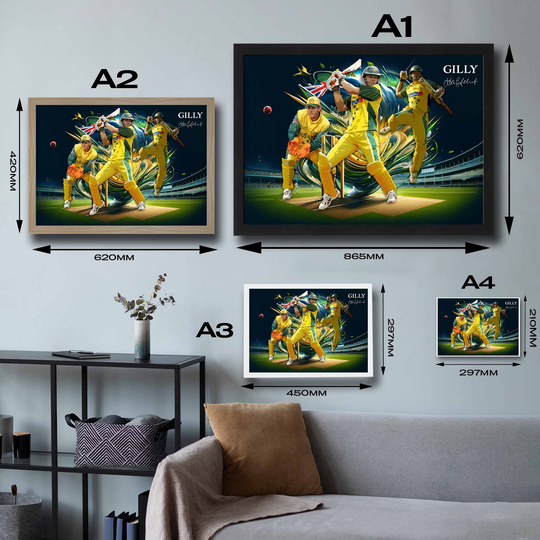 Adam Gilchrist Framed Art Sizing Chart.