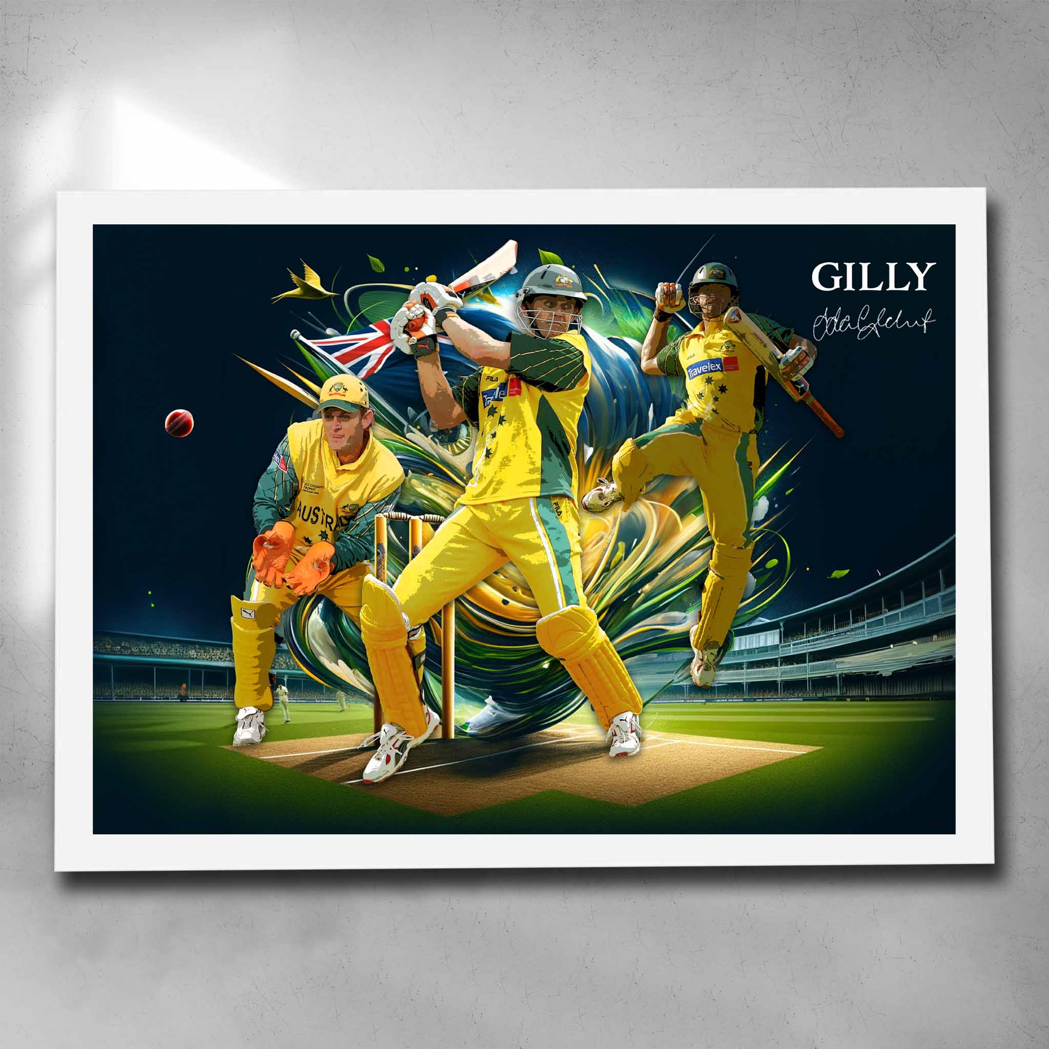 White framed cricket art by Sports Cave, featuring Australian legend Adam Gilchrist.