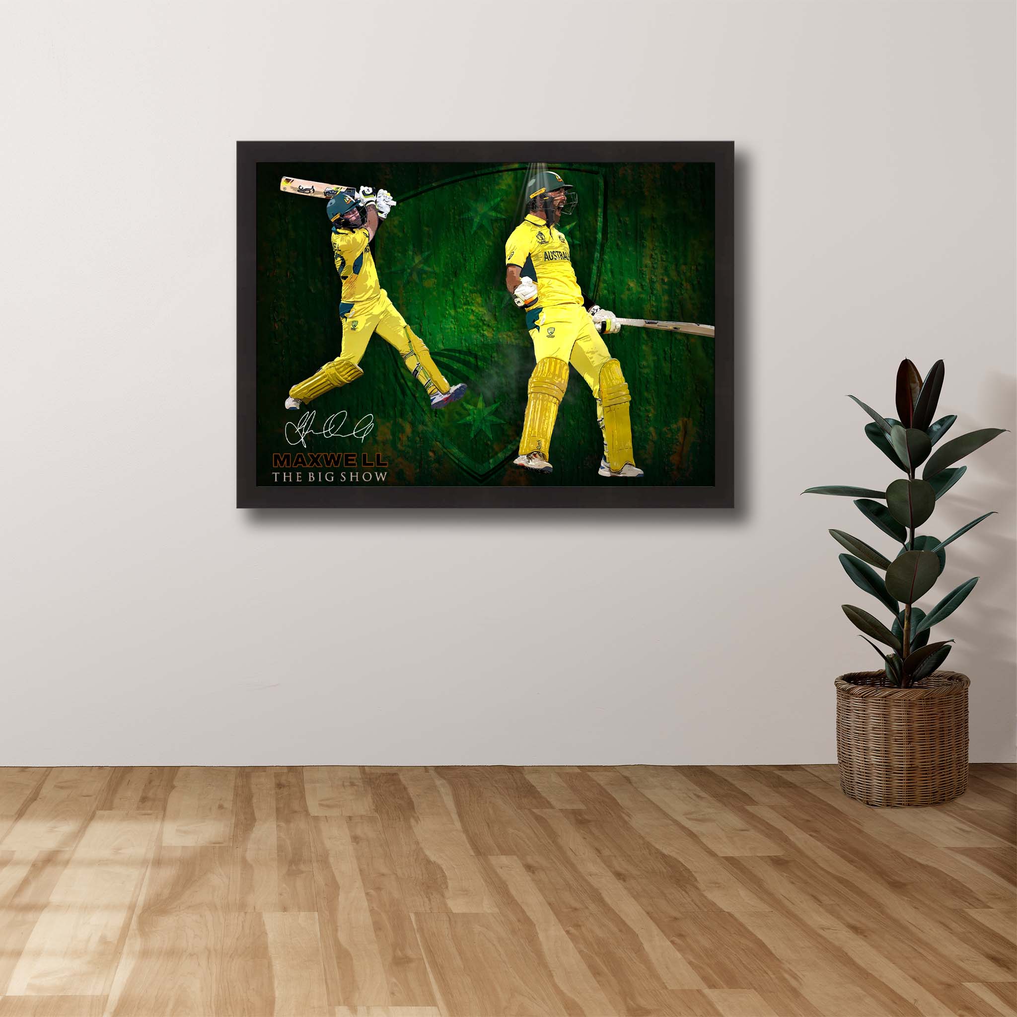 Cricket fans house, with a framed print of Glen Maxwell showcased on their wall.