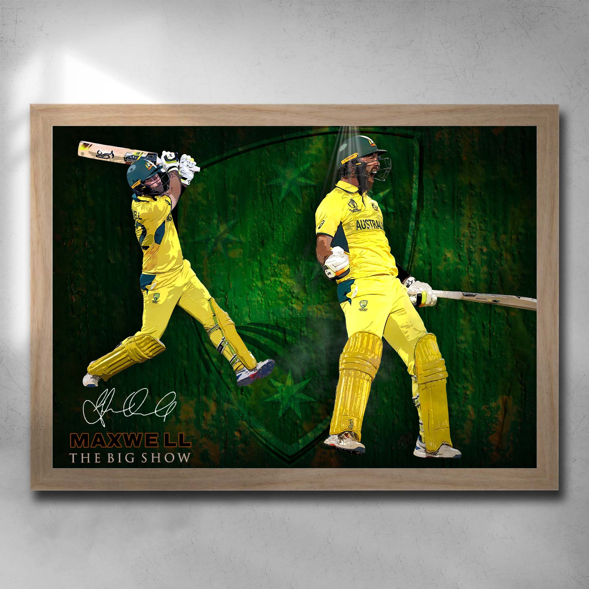 Oak framed cricket art featuring Glen Maxwell "The Big Show" Scoring a century for Australia - Artwork by Sports Cave.