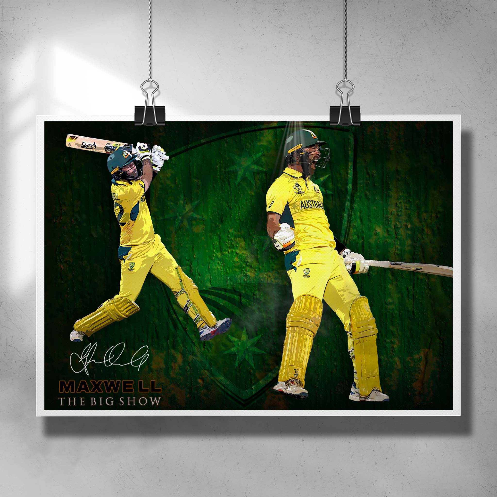 Unique cricket poster featuring Glen Maxwell "The Big Show" Scoring a century for Australia - Artwork by Sports Cave.