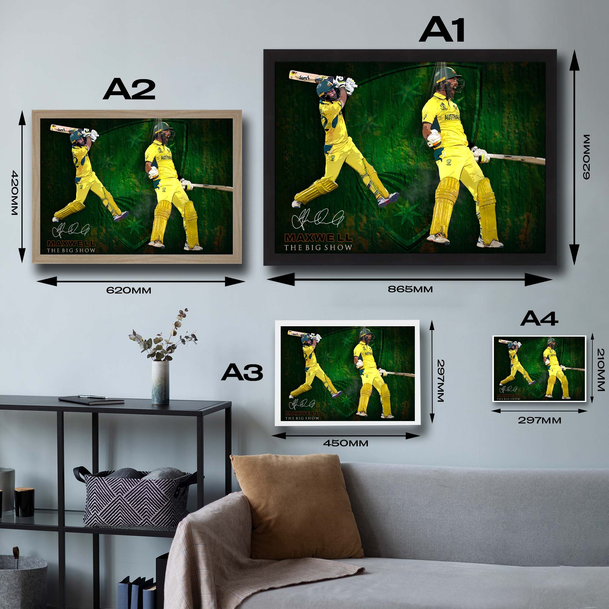 Visual representation of Glen Maxwell framed art size options, ranging from A4 to A2, to assist selecting the right size for your space and preferences.