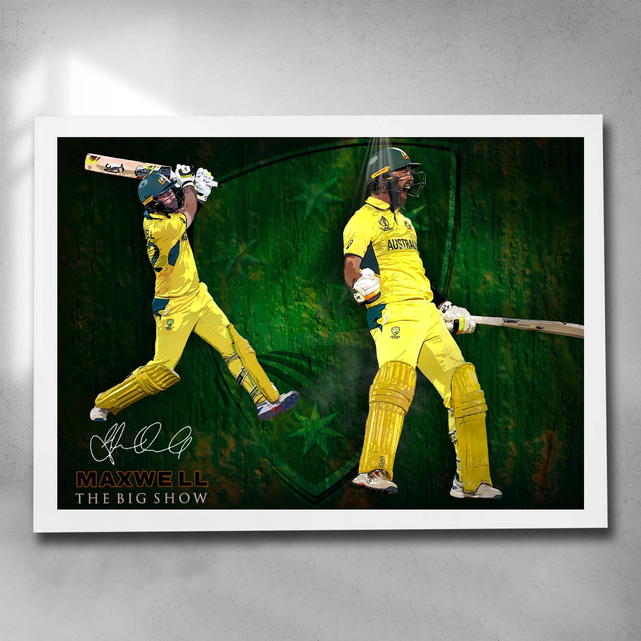 White framed cricket art featuring Glen Maxwell "The Big Show" Scoring a century for Australia - Artwork by Sports Cave.