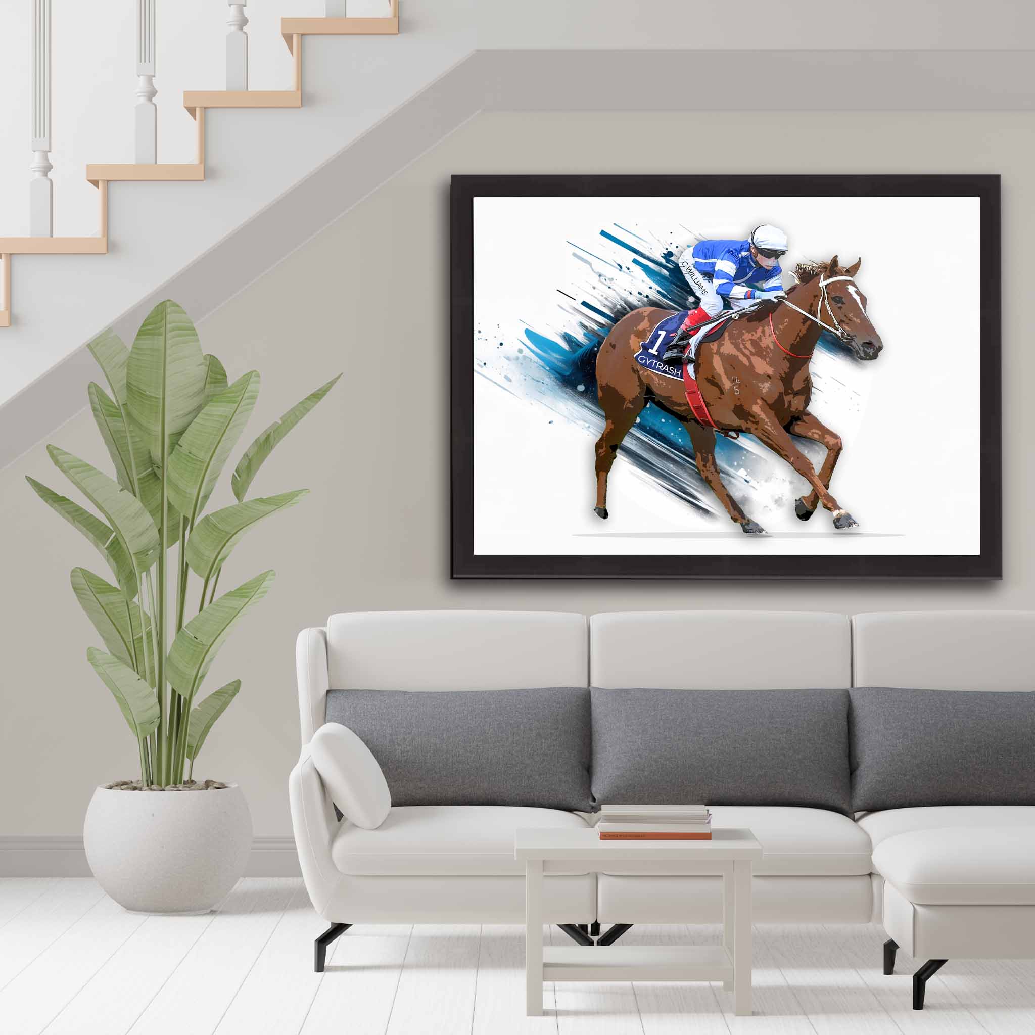 Horse racing fan, with a framed print of group one winning horse Gytrash on display as home decor.