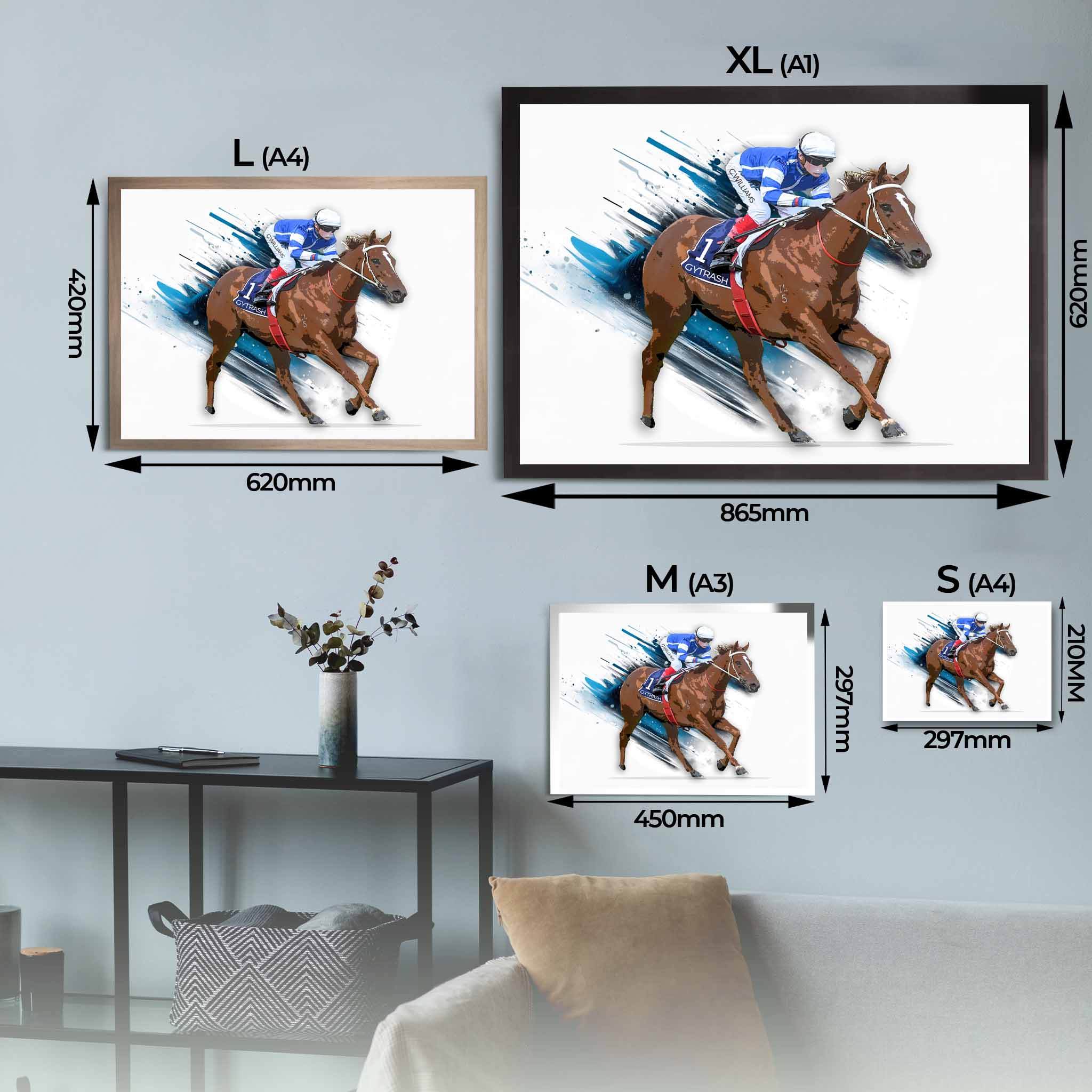 Gytrash Horse Racing Framed Art Sizing Guide.