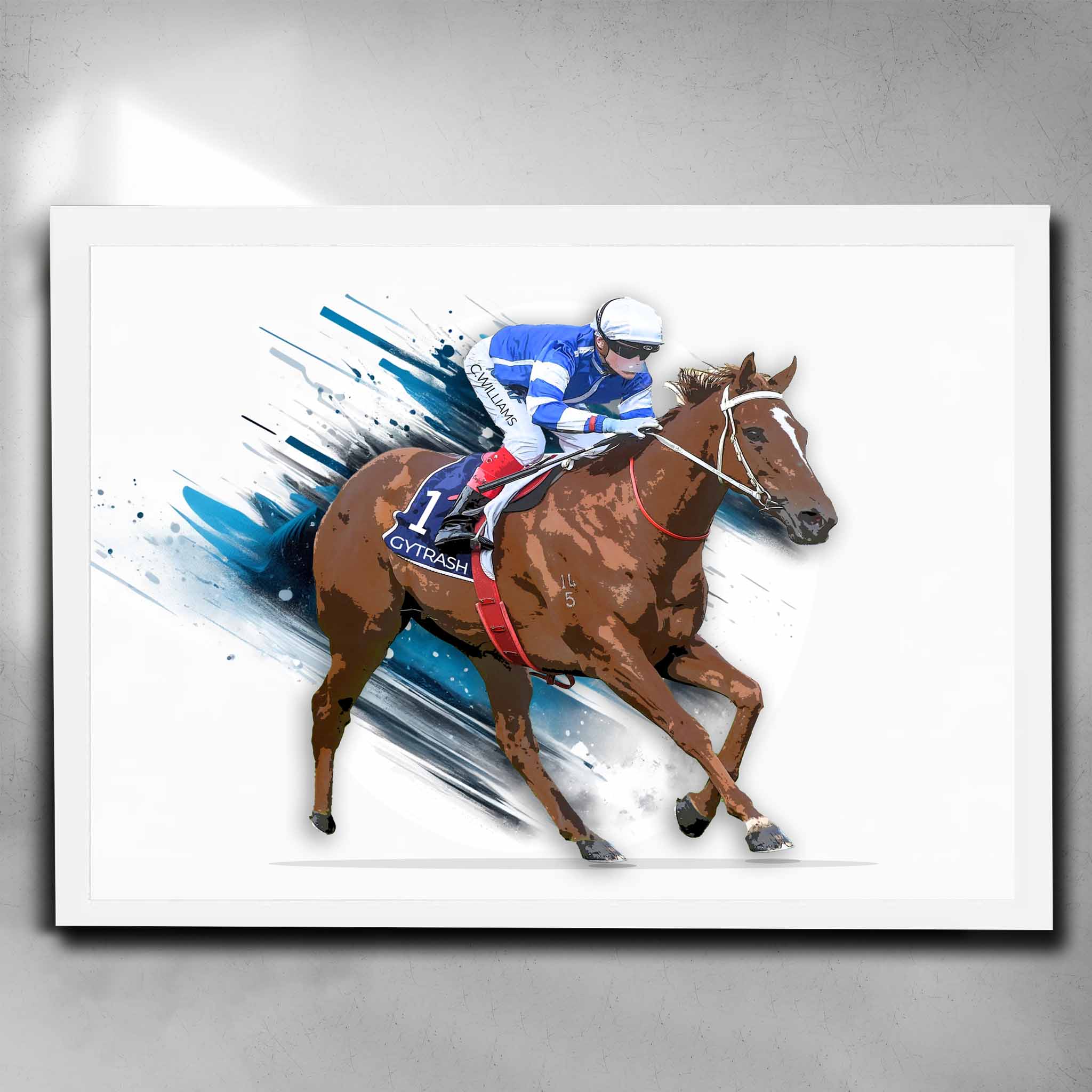 Gytrash Horse Racing Art White Framed Poster - Perfect for Man Cave, Home Decor, Horse Racing Fans, and Gifts.