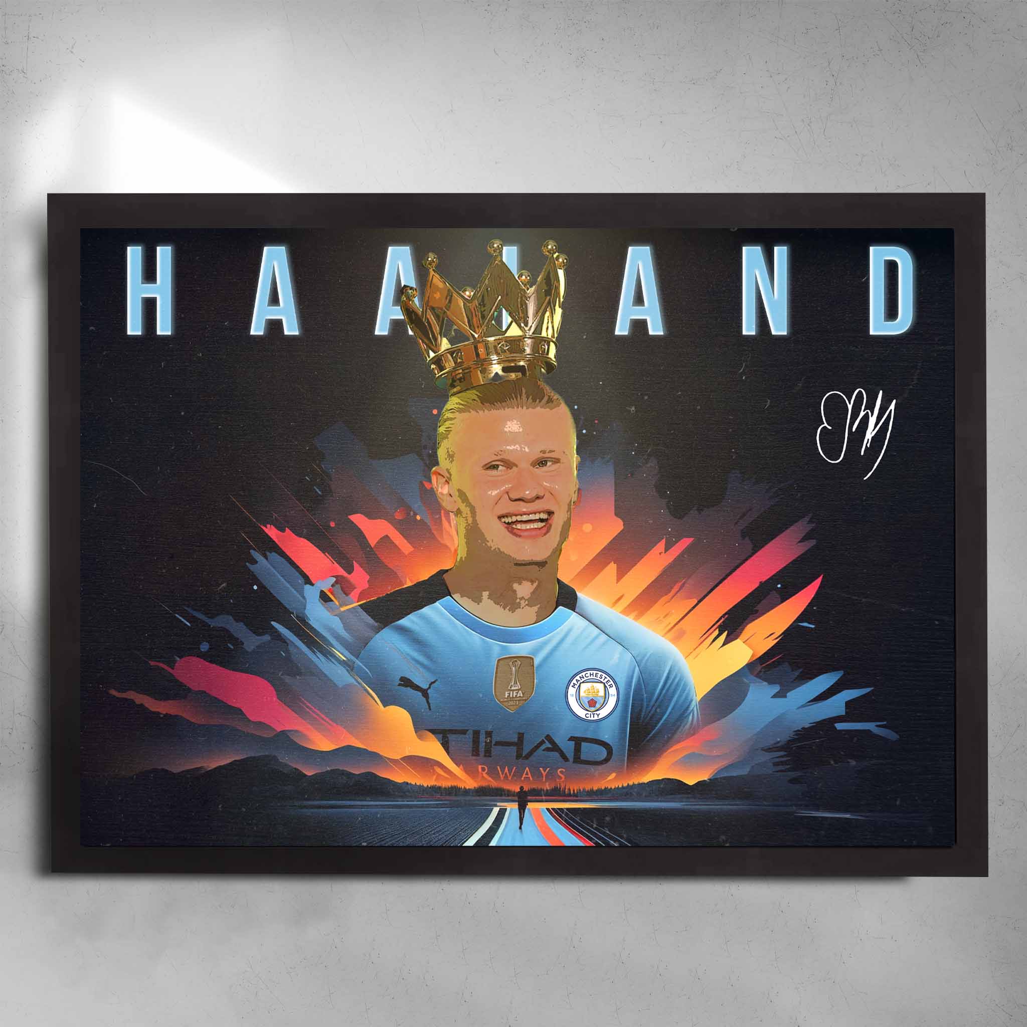 Black framed soccer art by Sports Cave, featuring King Erling Haaland from Manchester City.