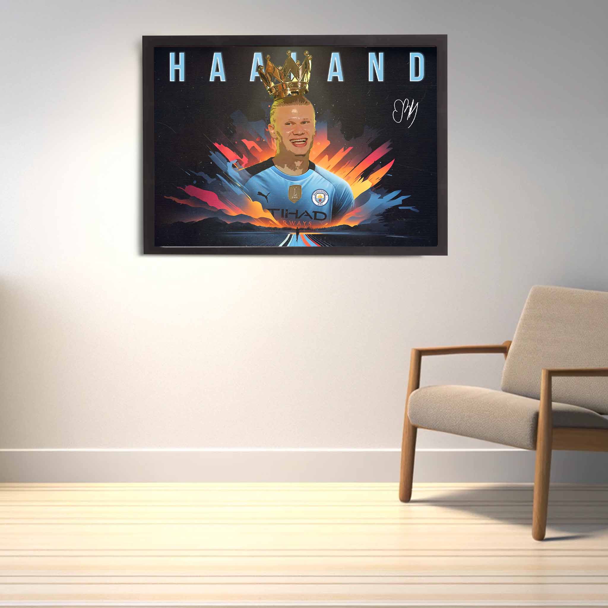 Devoted Manchester City FC fan's tribute: Erling Haaland framed art proudly displayed on the wall.