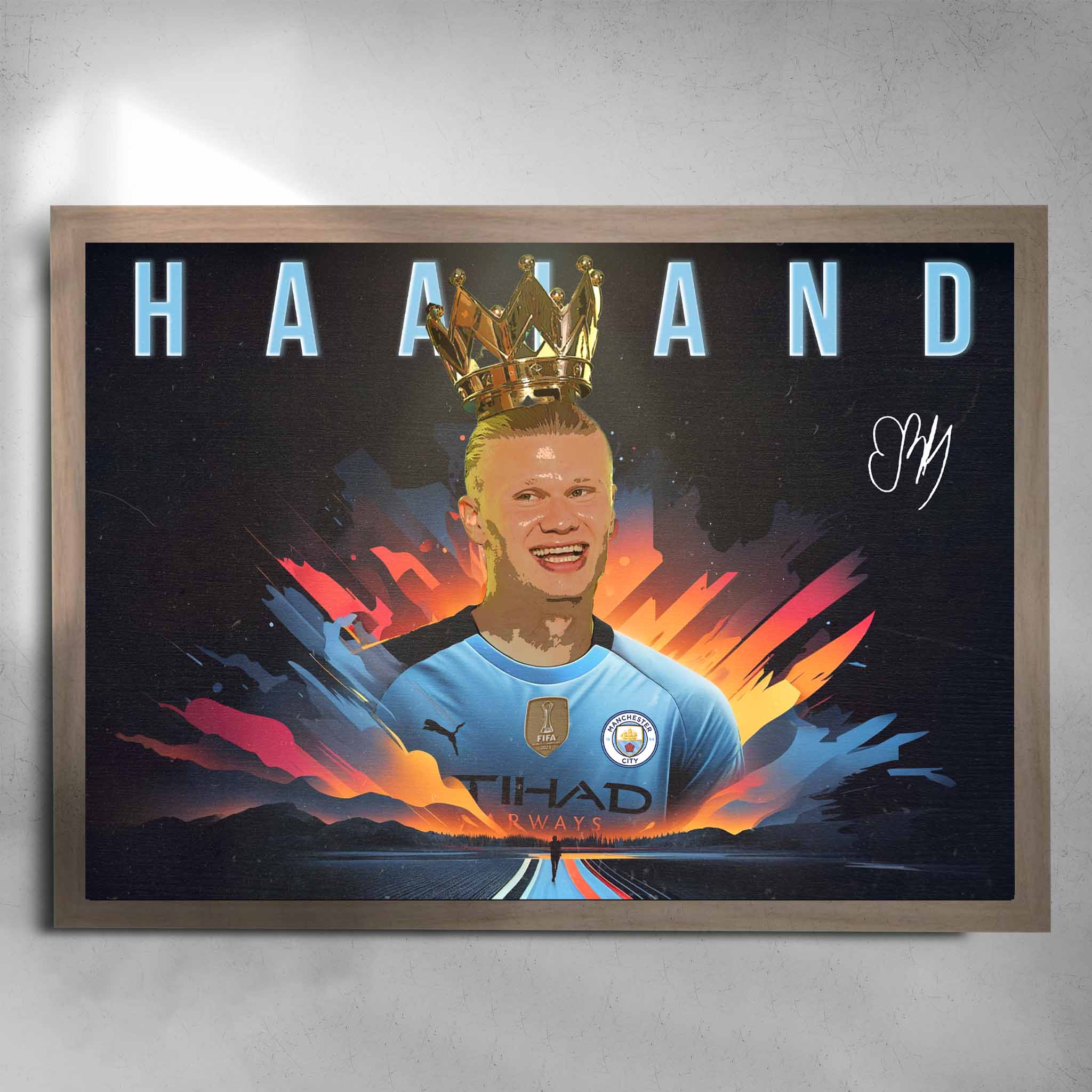 Oak framed soccer art by Sports Cave, featuring King Erling Haaland from Manchester City.