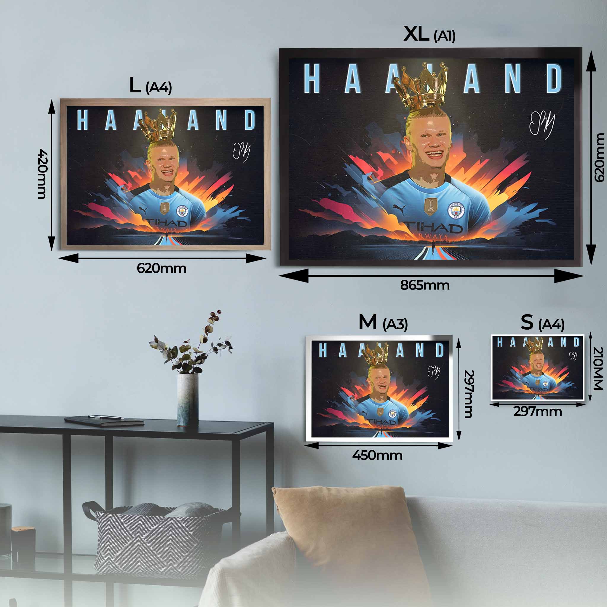 Visual representation of King Haaland framed art size options, ranging from A4 to A1, for selecting the right size for your space.