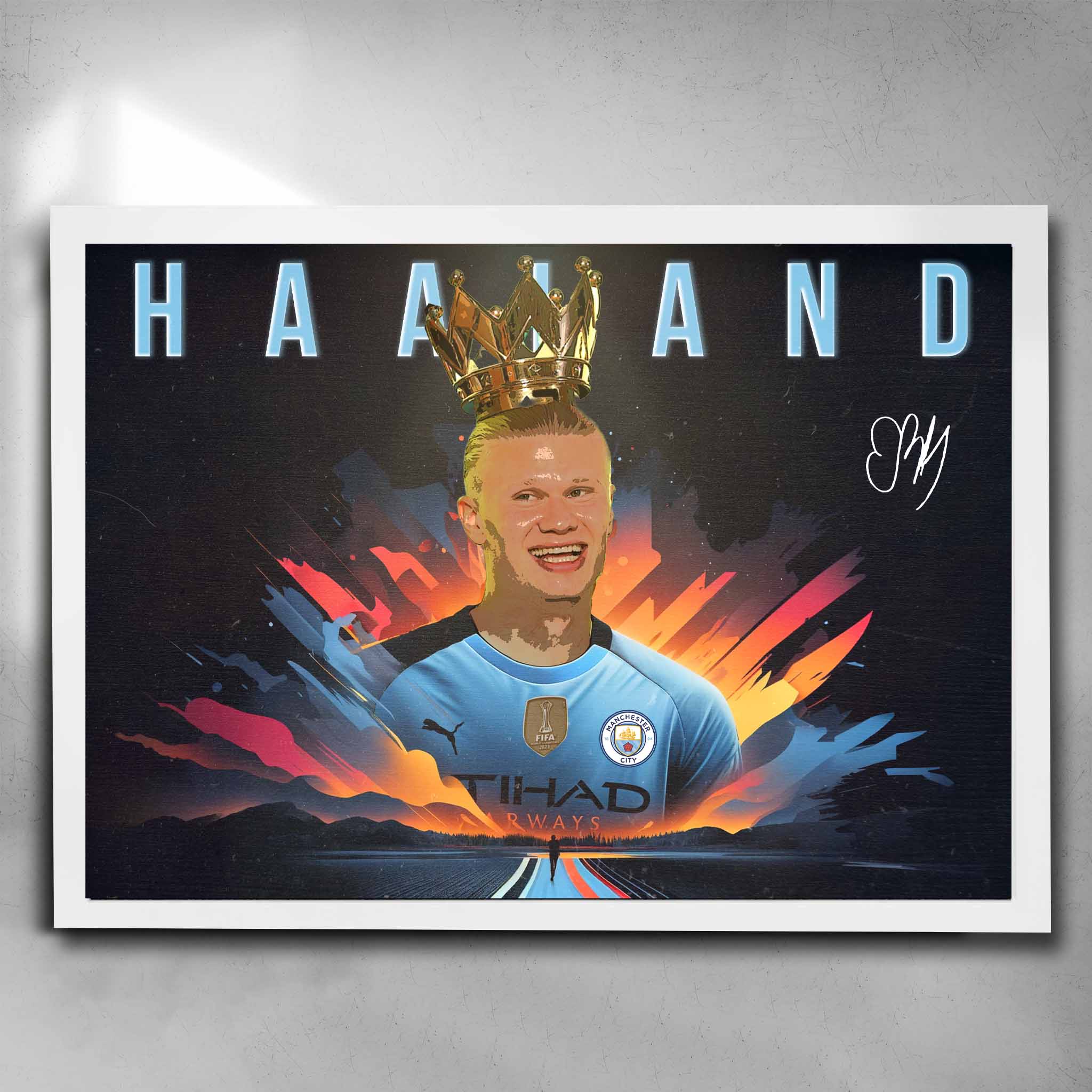 White framed soccer art by Sports Cave, featuring King Erling Haaland from Manchester City.