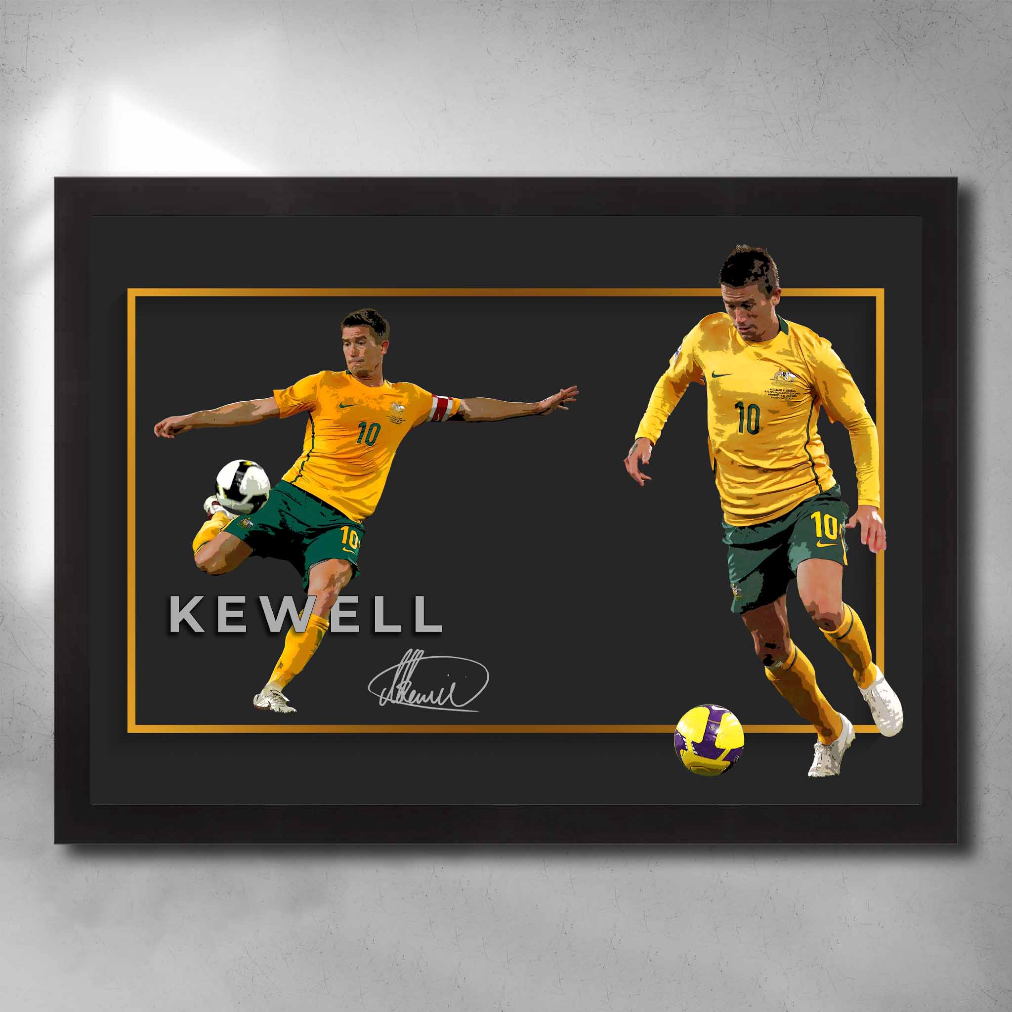 Black framed soccer art by Sports Cave, featuring Australian Socceroo's legend Harry Kewell.