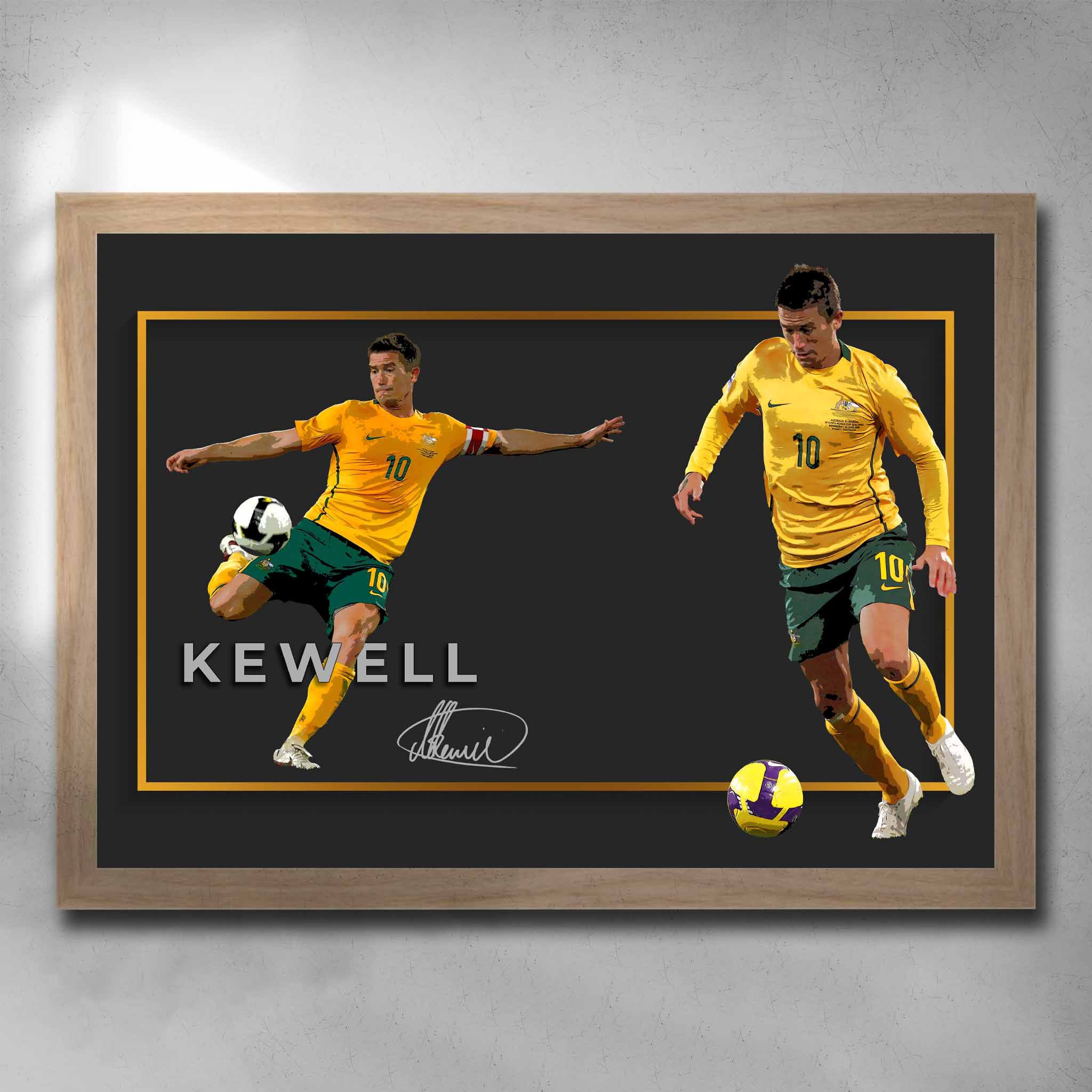 Oak framed soccer art by Sports Cave, featuring Australian Socceroo's legend Harry Kewell.