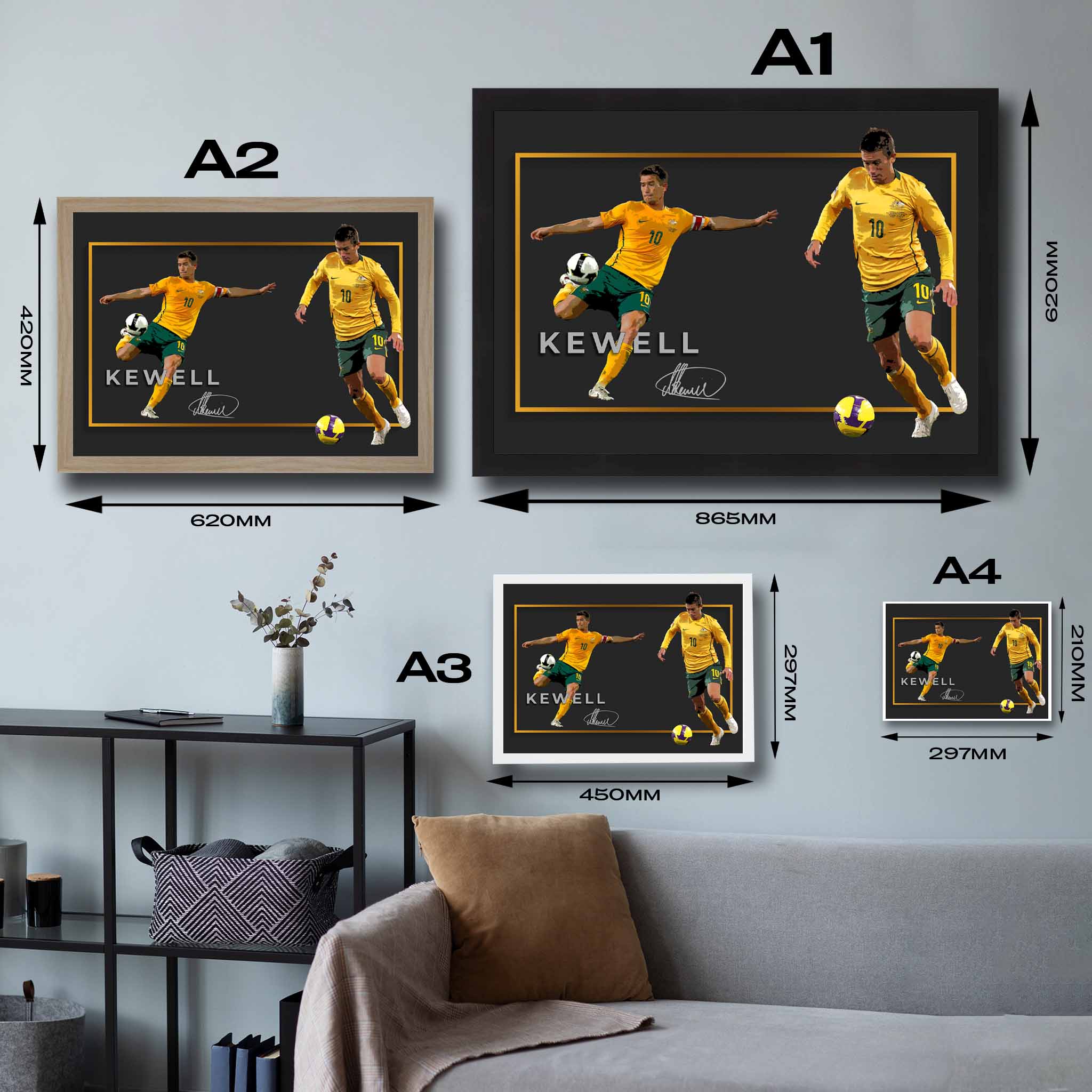 Visual representation of Harry Kewell framed art size options, ranging from A4 to A2, for selecting the right size for your space.