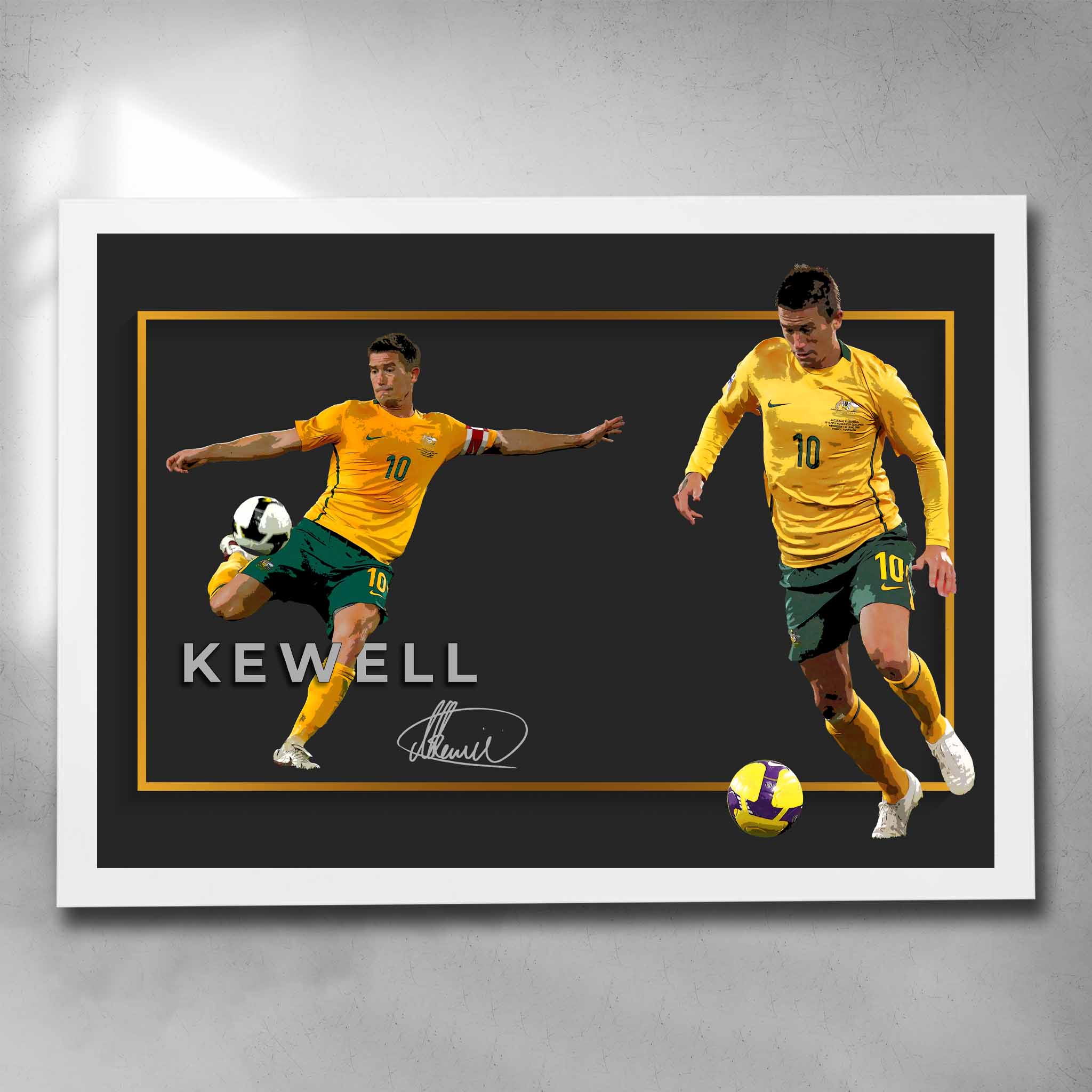 White framed soccer art by Sports Cave, featuring Australian Socceroo's legend Harry Kewell.